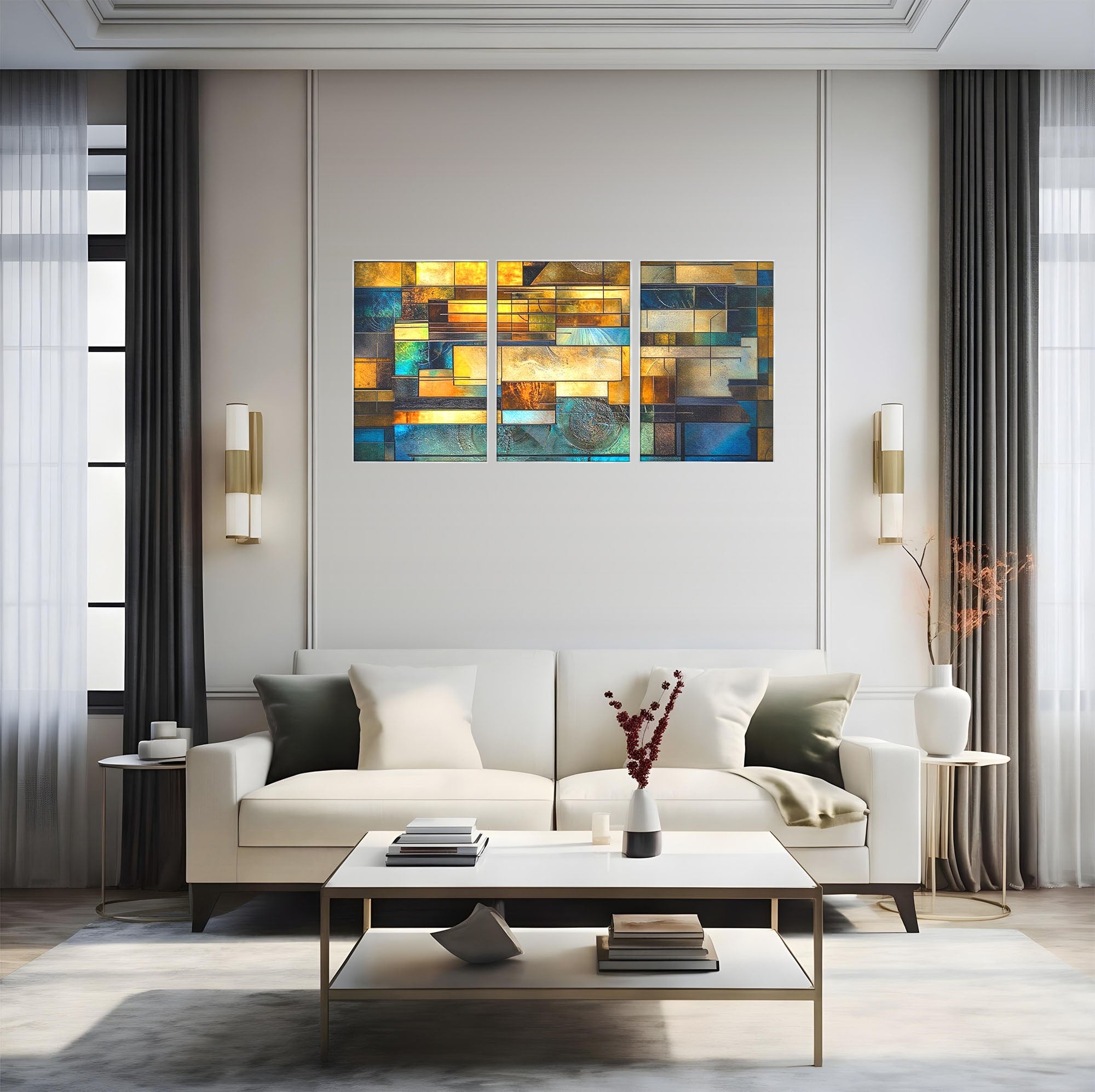 Set 3 Tablouri Canvas Premium LuxCanva® C3-1288, Orase Nevazute, Geometrie, Culori, Abstract, Aur, Turcoaz, Metal, Apa, Memorii, Liniste, Planuri, Timp, Harti, Fragment, Orizont, Birou, Living, Dormitor