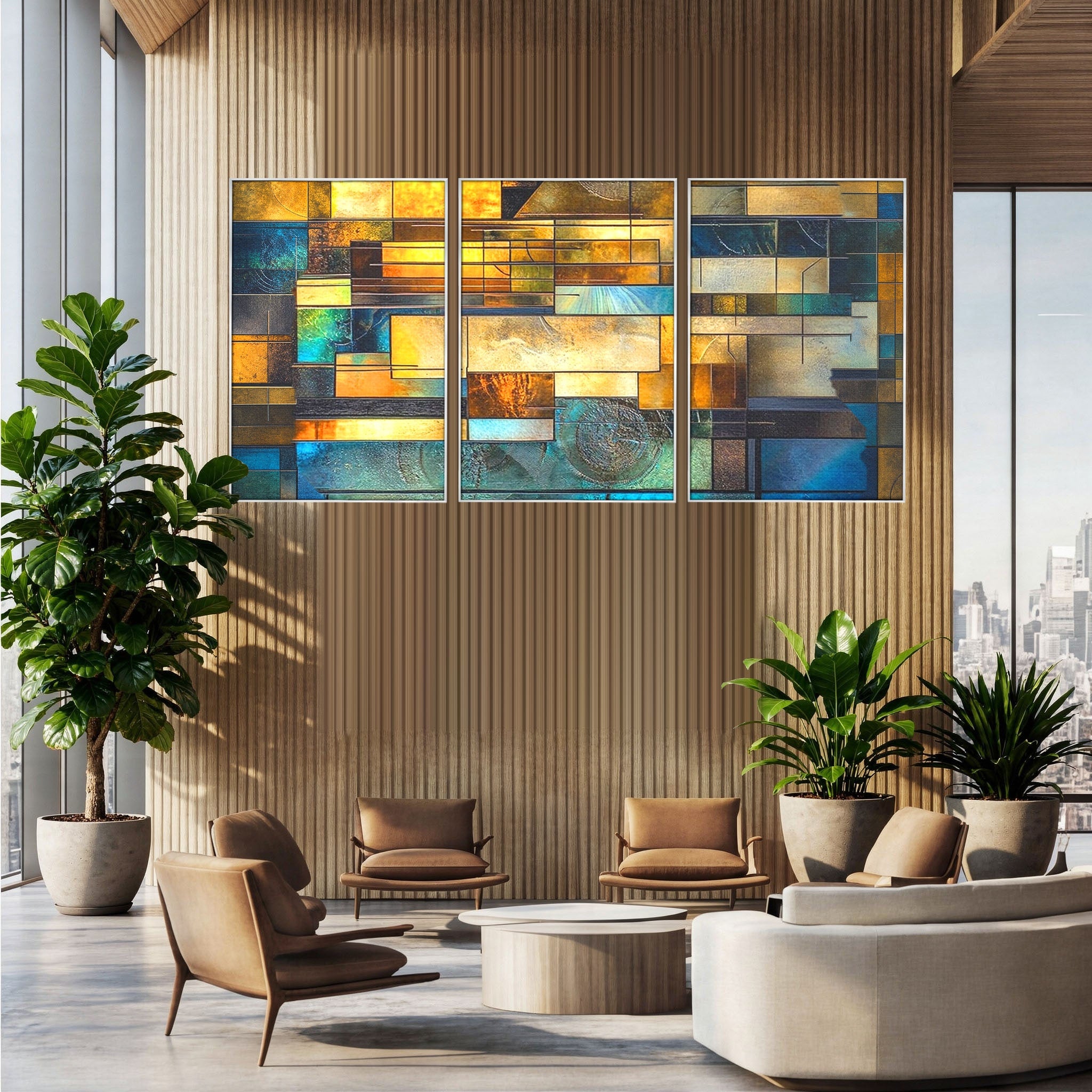 Set 3 Tablouri Canvas Premium LuxCanva® C3-1288, Orase Nevazute, Geometrie, Culori, Abstract, Aur, Turcoaz, Metal, Apa, Memorii, Liniste, Planuri, Timp, Harti, Fragment, Orizont, Birou, Living, Dormitor