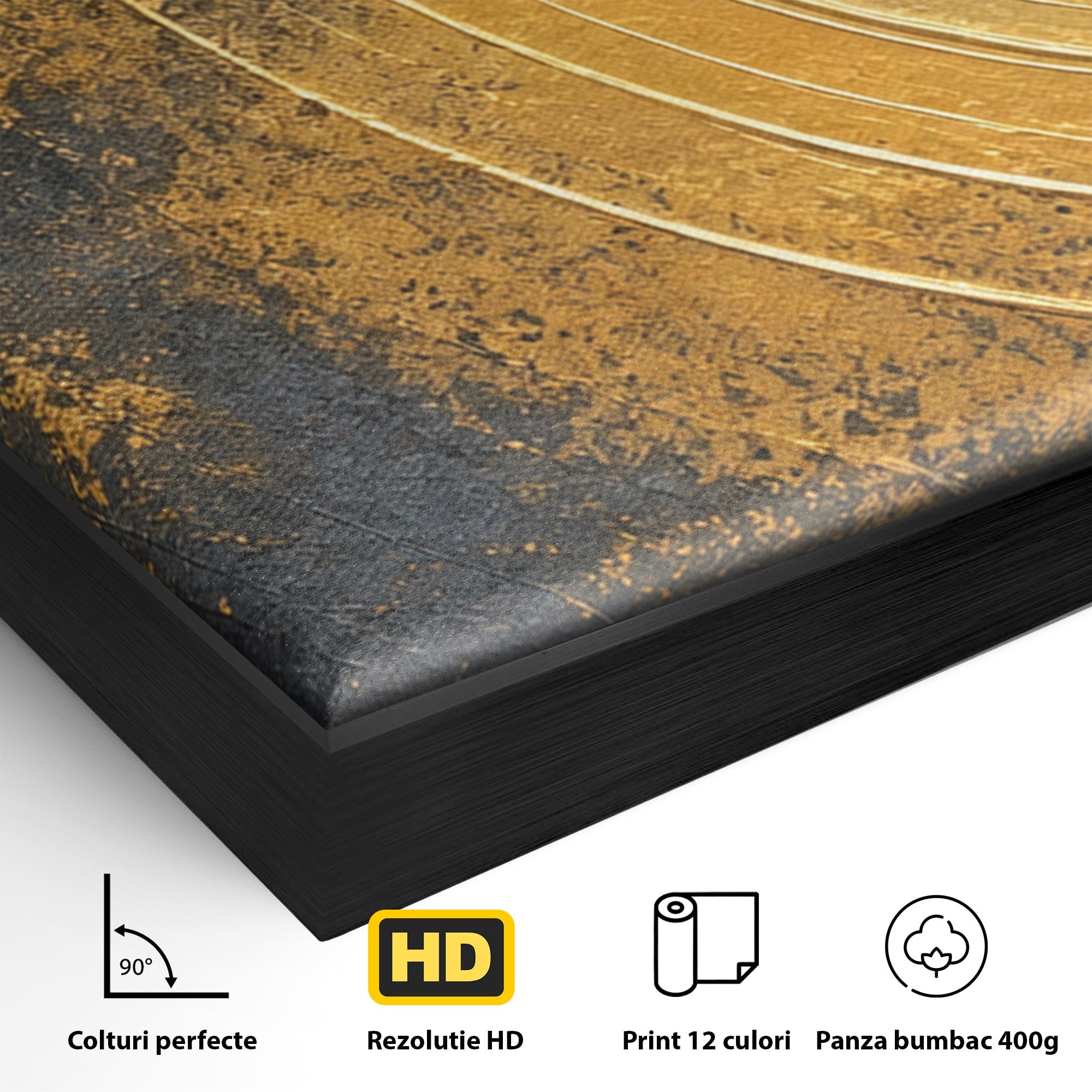 Set 3 Tablouri Canvas Premium LuxCanva® C3-1296, Timp in rotatie, Abstract, Aur, Negru, Spirala, Centru, Univers, Memorie, Rotire, Haos, Decoratiune, Cosmologic, Mister, Uragan, Birou, Living, Dormitor