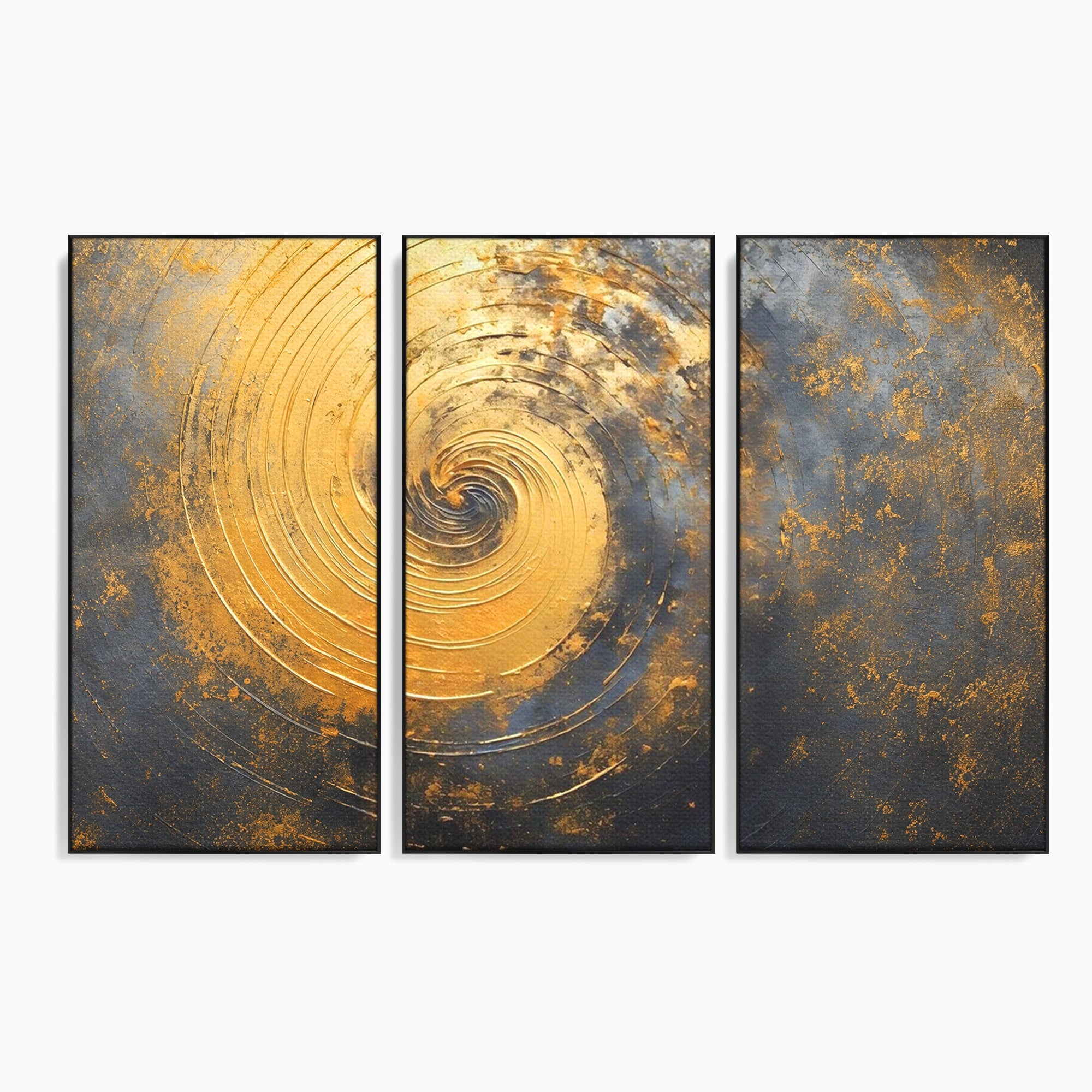 Set 3 Tablouri Canvas Premium LuxCanva® C3-1296, Timp in rotatie, Abstract, Aur, Negru, Spirala, Centru, Univers, Memorie, Rotire, Haos, Decoratiune, Cosmologic, Mister, Uragan, Birou, Living, Dormitor