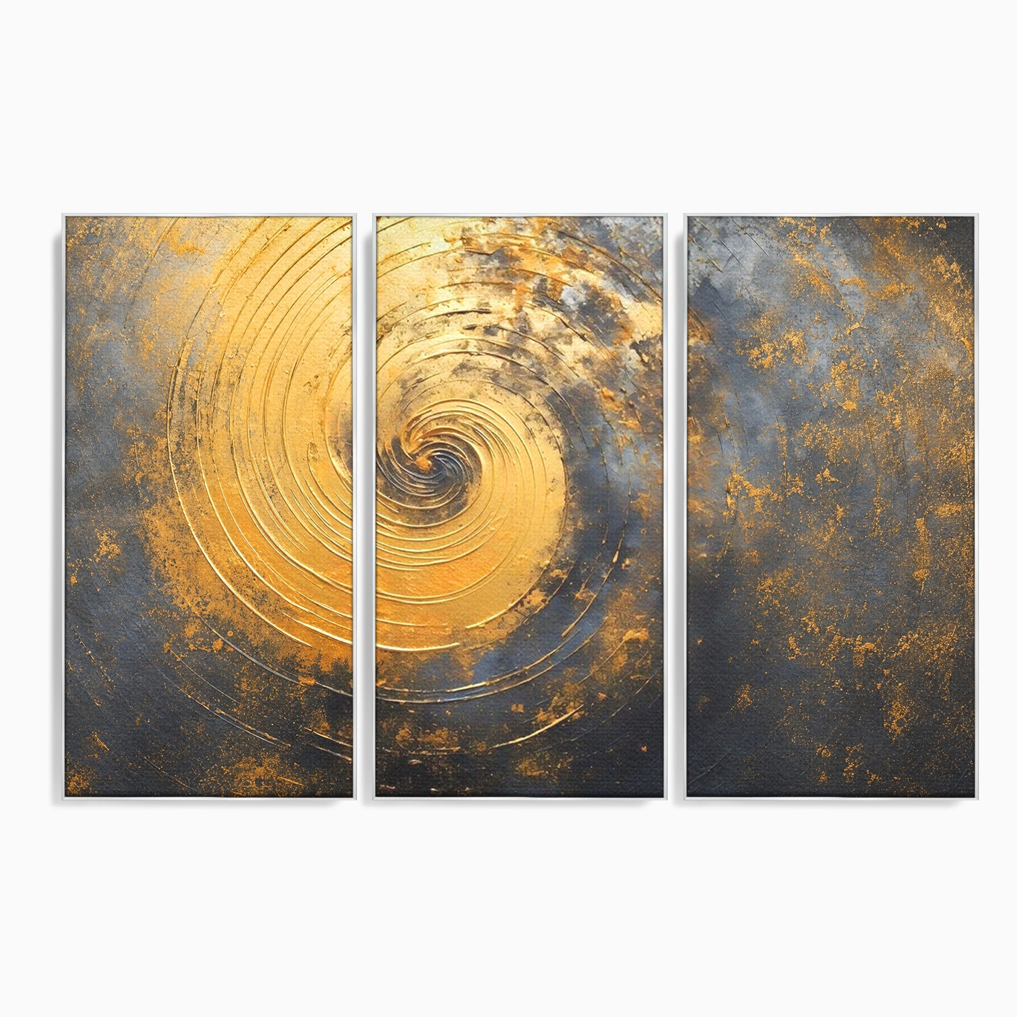 Set 3 Tablouri Canvas Premium LuxCanva® C3-1296, Timp in rotatie, Abstract, Aur, Negru, Spirala, Centru, Univers, Memorie, Rotire, Haos, Decoratiune, Cosmologic, Mister, Uragan, Birou, Living, Dormitor