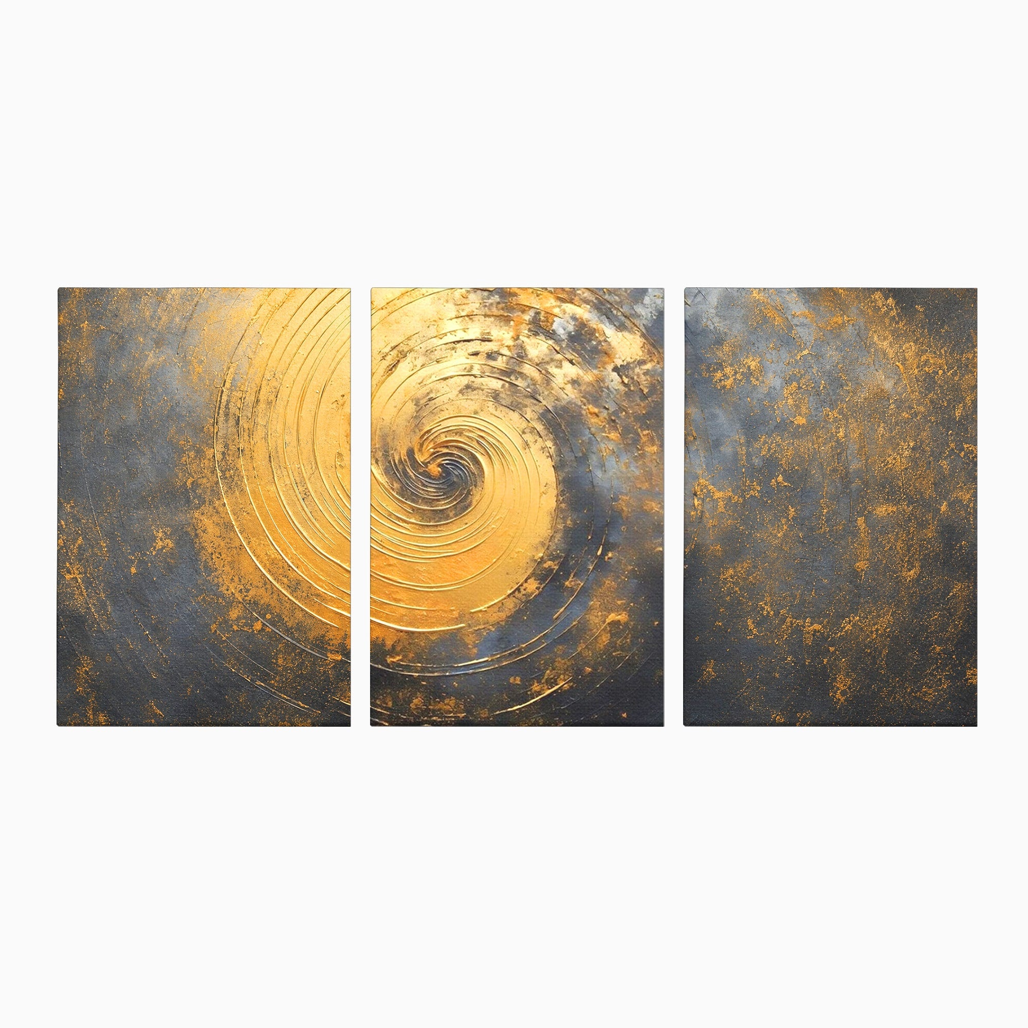 Set 3 Tablouri Canvas Premium LuxCanva® C3-1296, Timp in rotatie, Abstract, Aur, Negru, Spirala, Centru, Univers, Memorie, Rotire, Haos, Decoratiune, Cosmologic, Mister, Uragan, Birou, Living, Dormitor