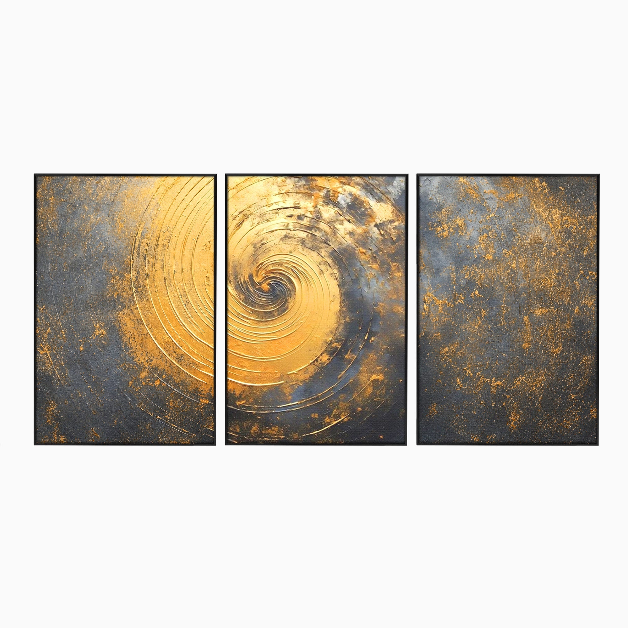 Set 3 Tablouri Canvas Premium LuxCanva® C3-1296, Timp in rotatie, Abstract, Aur, Negru, Spirala, Centru, Univers, Memorie, Rotire, Haos, Decoratiune, Cosmologic, Mister, Uragan, Birou, Living, Dormitor