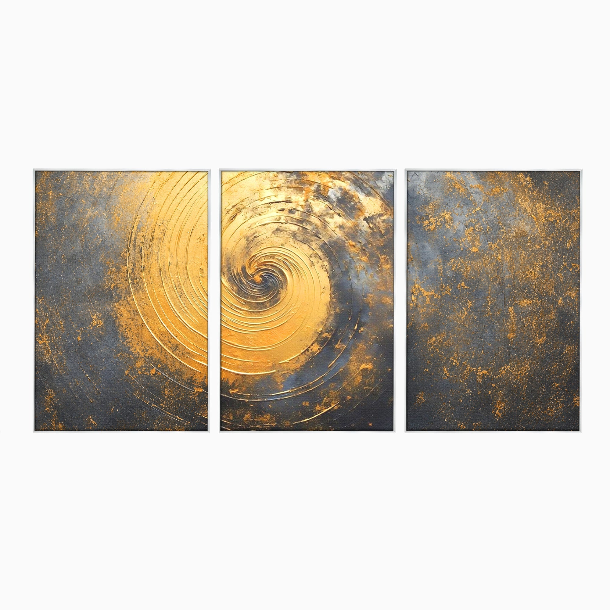 Set 3 Tablouri Canvas Premium LuxCanva® C3-1296, Timp in rotatie, Abstract, Aur, Negru, Spirala, Centru, Univers, Memorie, Rotire, Haos, Decoratiune, Cosmologic, Mister, Uragan, Birou, Living, Dormitor