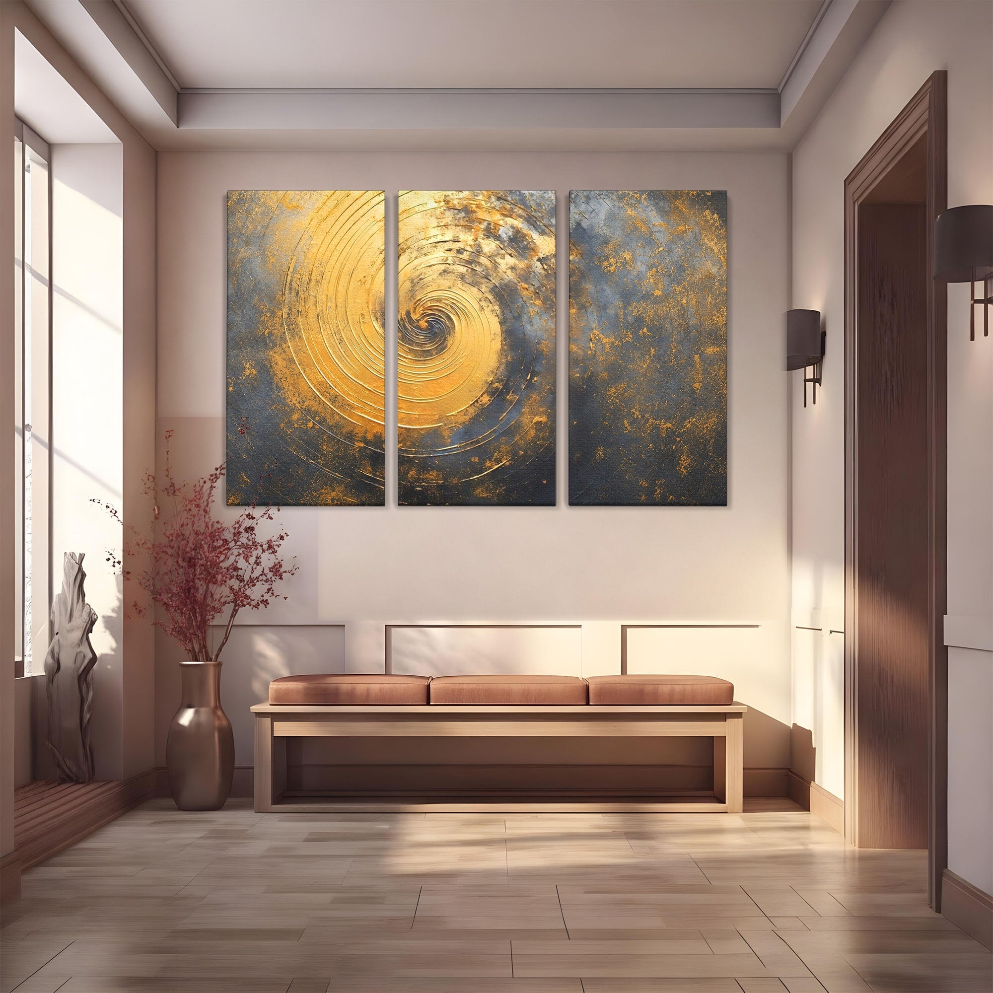 Set 3 Tablouri Canvas Premium LuxCanva® C3-1296, Timp in rotatie, Abstract, Aur, Negru, Spirala, Centru, Univers, Memorie, Rotire, Haos, Decoratiune, Cosmologic, Mister, Uragan, Birou, Living, Dormitor