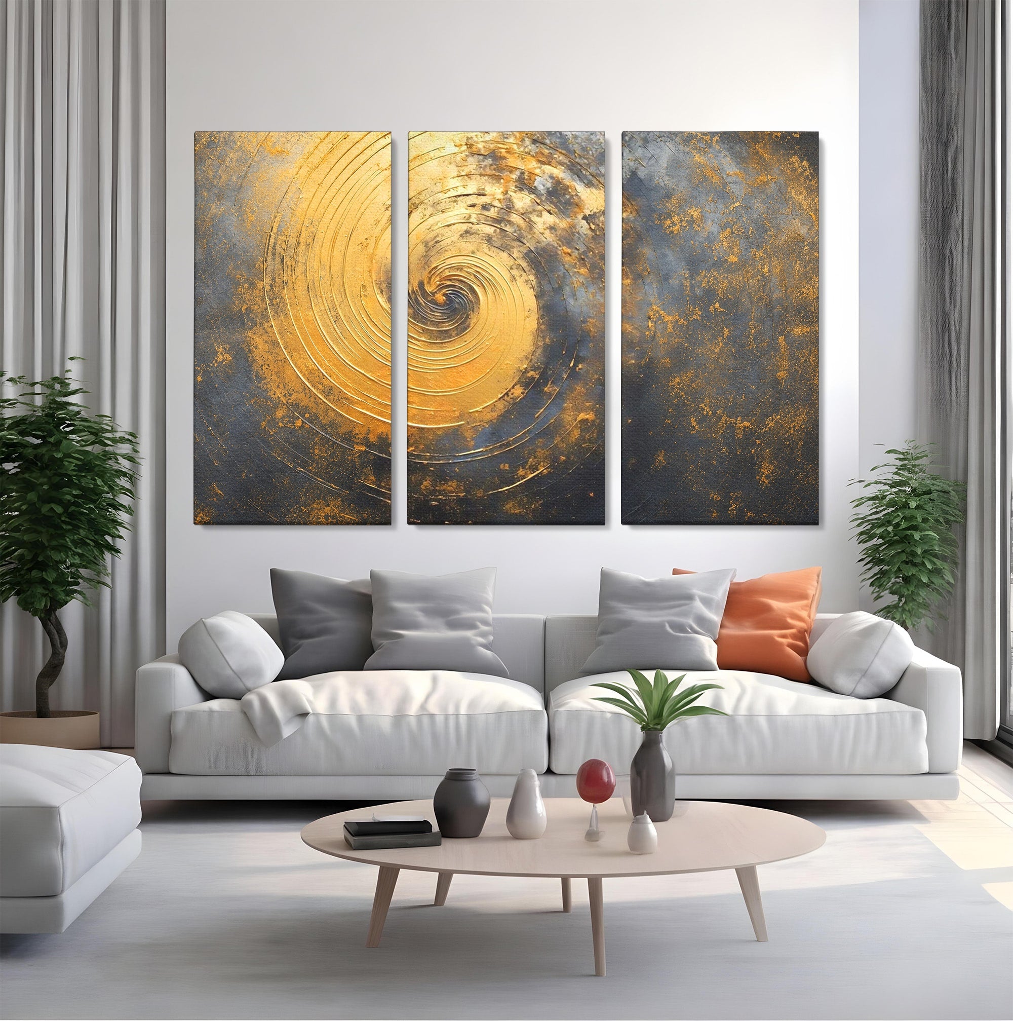 Set 3 Tablouri Canvas Premium LuxCanva® C3-1296, Timp in rotatie, Abstract, Aur, Negru, Spirala, Centru, Univers, Memorie, Rotire, Haos, Decoratiune, Cosmologic, Mister, Uragan, Birou, Living, Dormitor