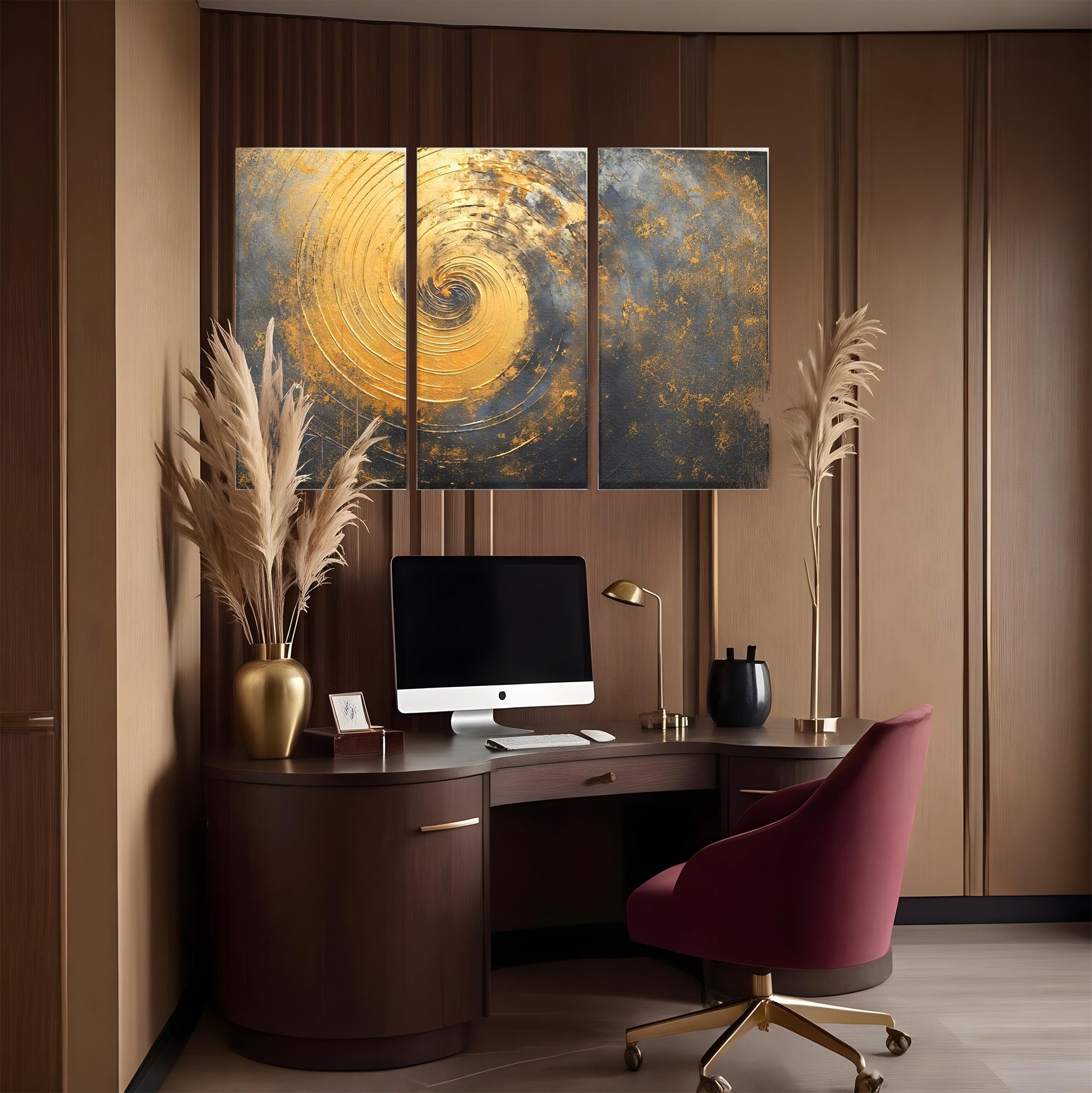 Set 3 Tablouri Canvas Premium LuxCanva® C3-1296, Timp in rotatie, Abstract, Aur, Negru, Spirala, Centru, Univers, Memorie, Rotire, Haos, Decoratiune, Cosmologic, Mister, Uragan, Birou, Living, Dormitor