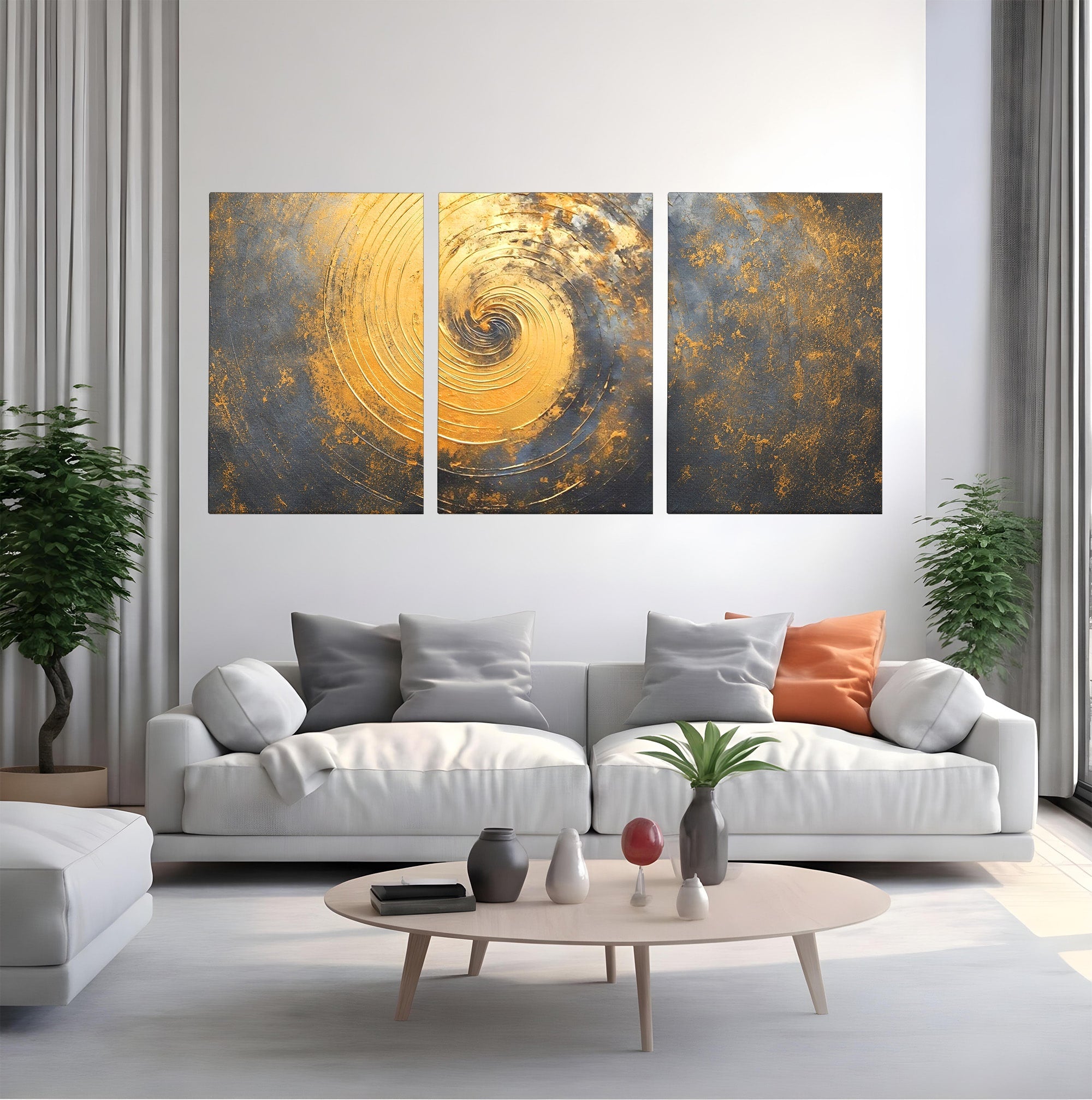 Set 3 Tablouri Canvas Premium LuxCanva® C3-1296, Timp in rotatie, Abstract, Aur, Negru, Spirala, Centru, Univers, Memorie, Rotire, Haos, Decoratiune, Cosmologic, Mister, Uragan, Birou, Living, Dormitor