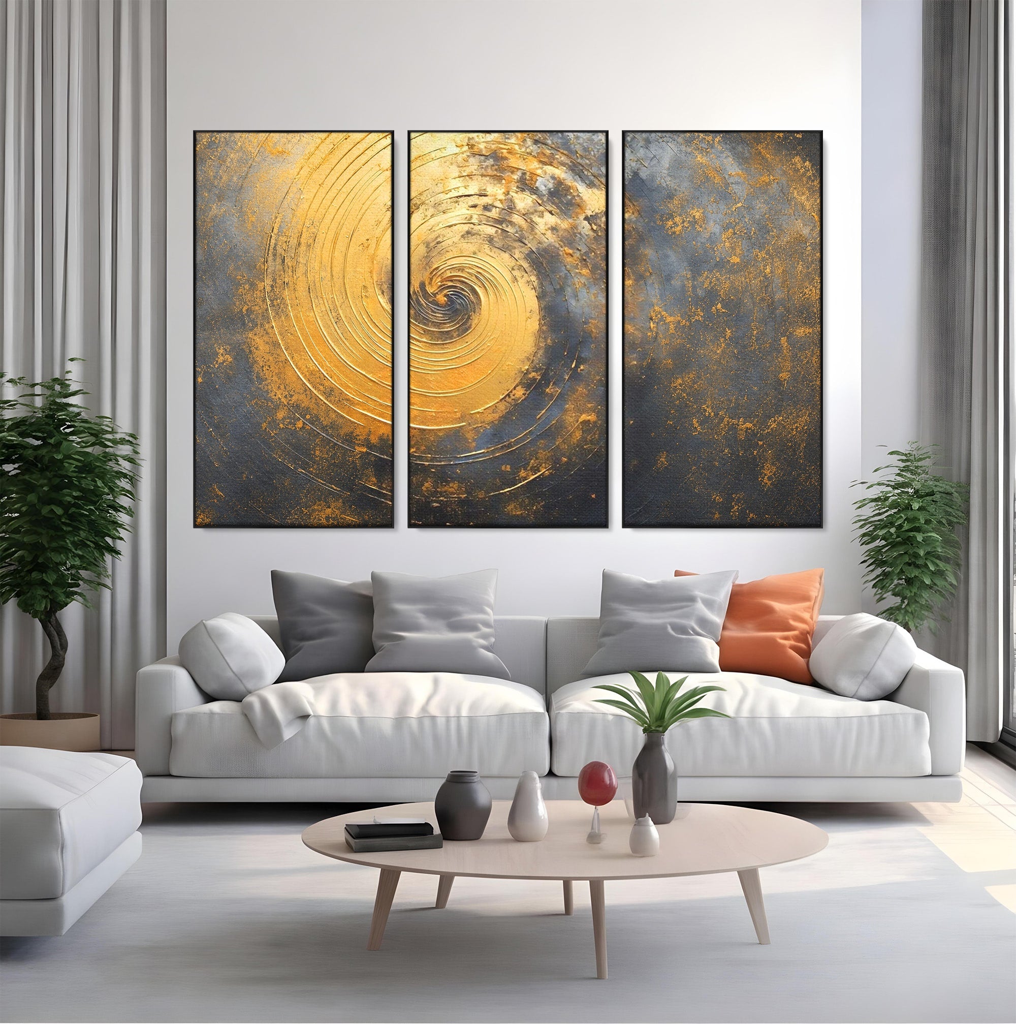 Set 3 Tablouri Canvas Premium LuxCanva® C3-1296, Timp in rotatie, Abstract, Aur, Negru, Spirala, Centru, Univers, Memorie, Rotire, Haos, Decoratiune, Cosmologic, Mister, Uragan, Birou, Living, Dormitor