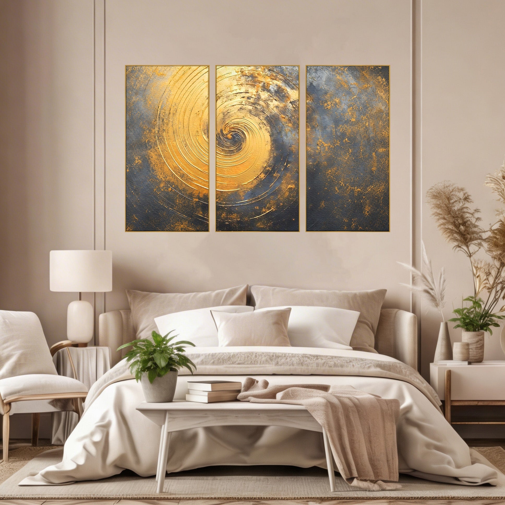 Set 3 Tablouri Canvas Premium LuxCanva® C3-1296, Timp in rotatie, Abstract, Aur, Negru, Spirala, Centru, Univers, Memorie, Rotire, Haos, Decoratiune, Cosmologic, Mister, Uragan, Birou, Living, Dormitor
