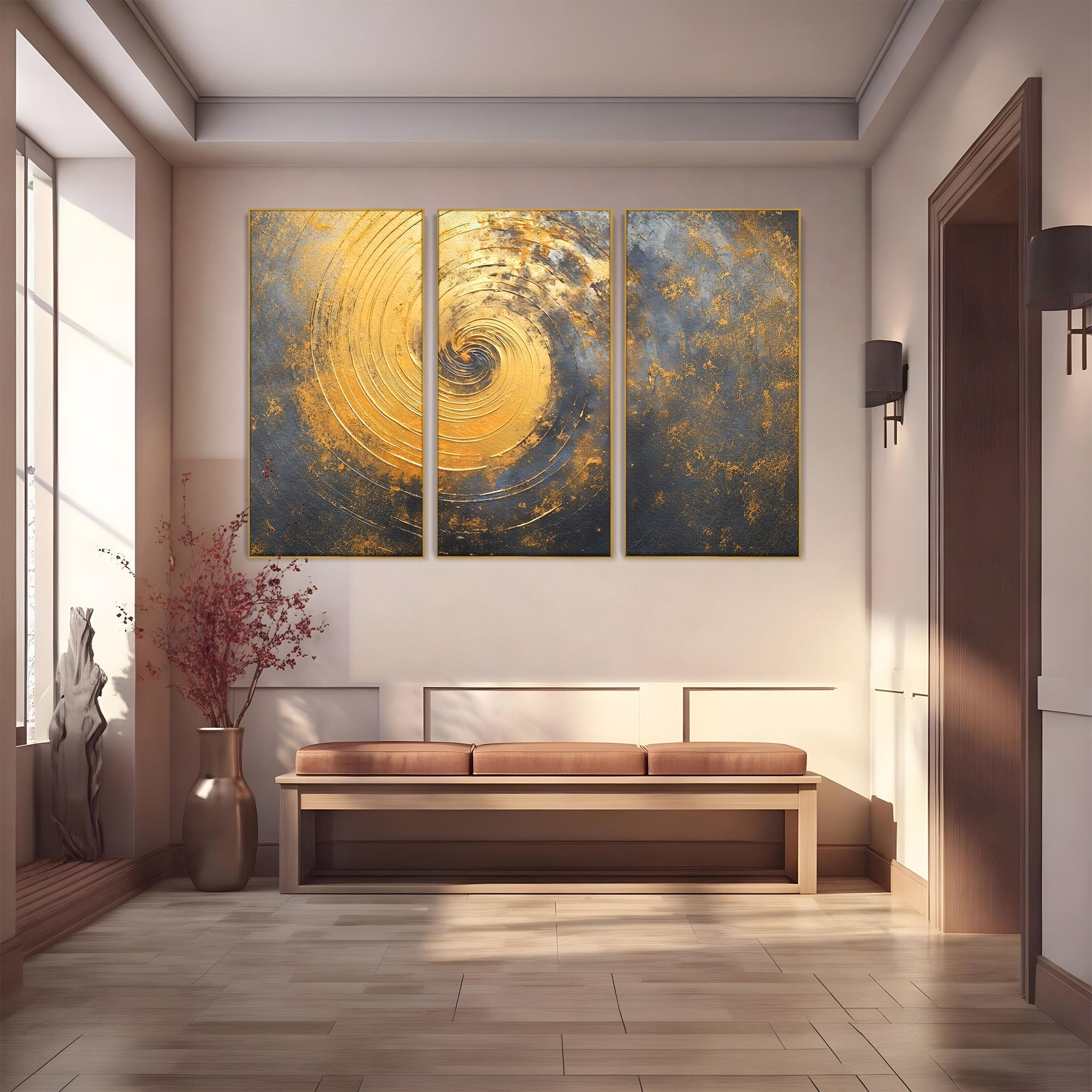 Set 3 Tablouri Canvas Premium LuxCanva® C3-1296, Timp in rotatie, Abstract, Aur, Negru, Spirala, Centru, Univers, Memorie, Rotire, Haos, Decoratiune, Cosmologic, Mister, Uragan, Birou, Living, Dormitor