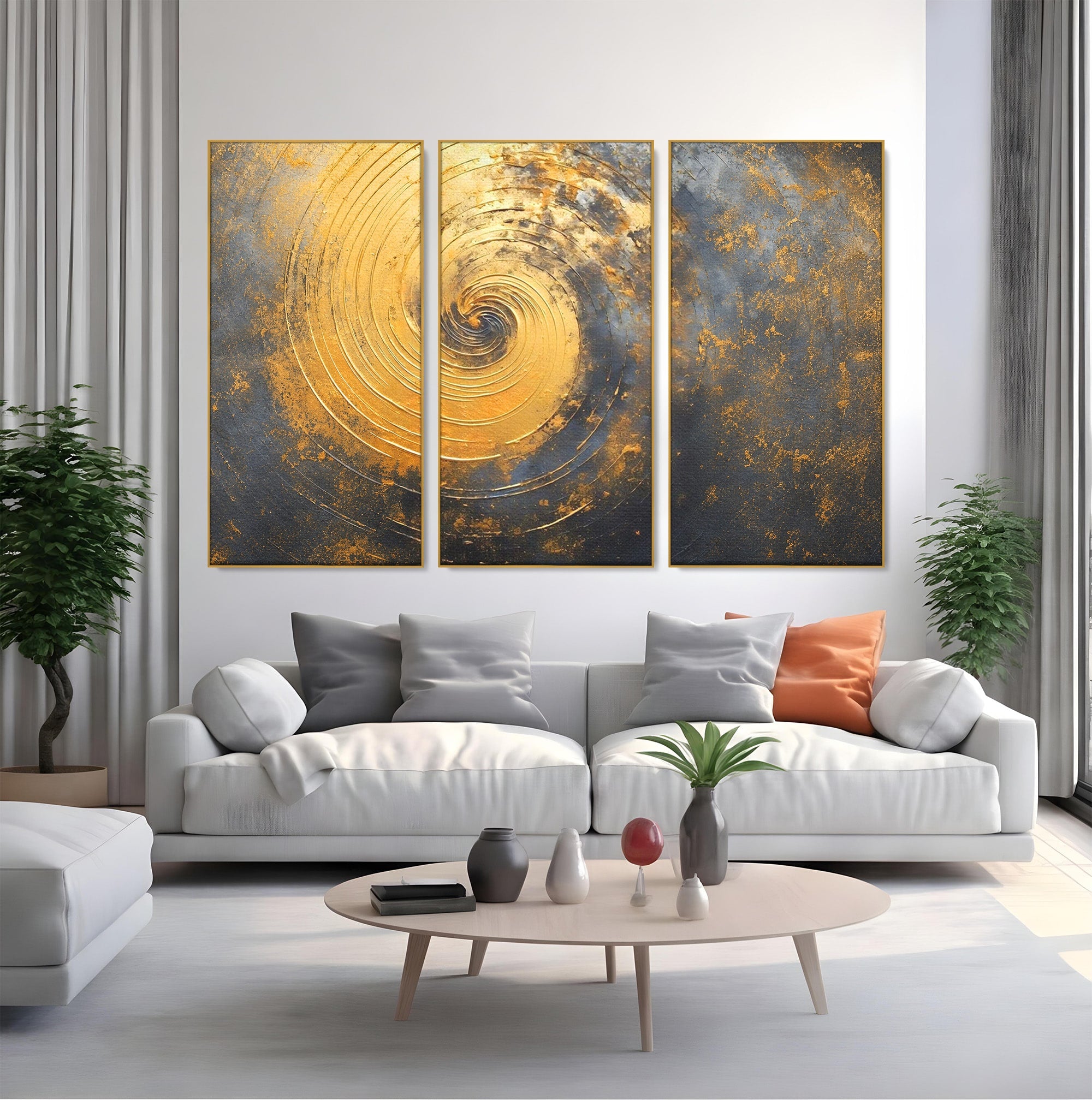 Set 3 Tablouri Canvas Premium LuxCanva® C3-1296, Timp in rotatie, Abstract, Aur, Negru, Spirala, Centru, Univers, Memorie, Rotire, Haos, Decoratiune, Cosmologic, Mister, Uragan, Birou, Living, Dormitor