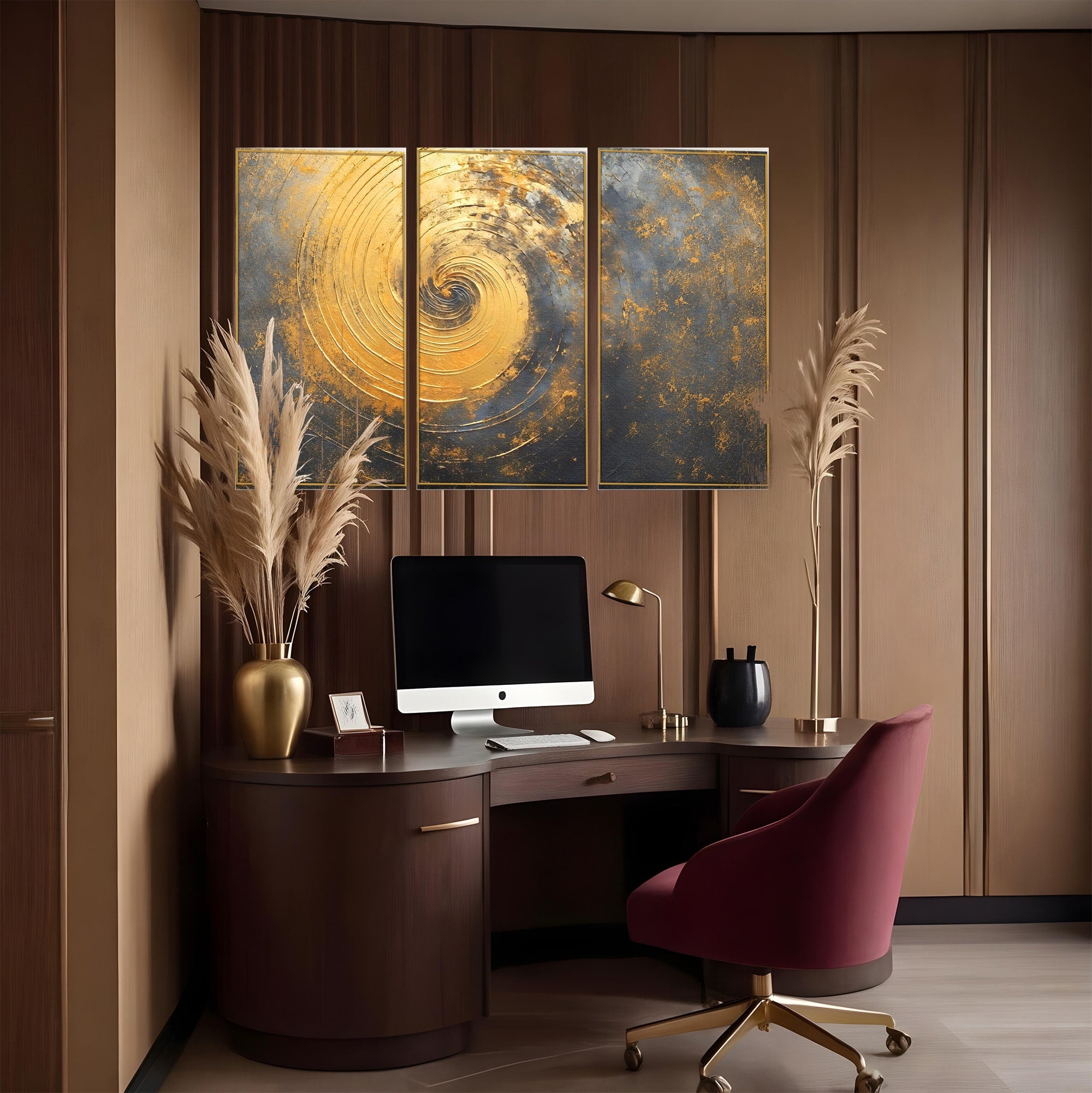 Set 3 Tablouri Canvas Premium LuxCanva® C3-1296, Timp in rotatie, Abstract, Aur, Negru, Spirala, Centru, Univers, Memorie, Rotire, Haos, Decoratiune, Cosmologic, Mister, Uragan, Birou, Living, Dormitor