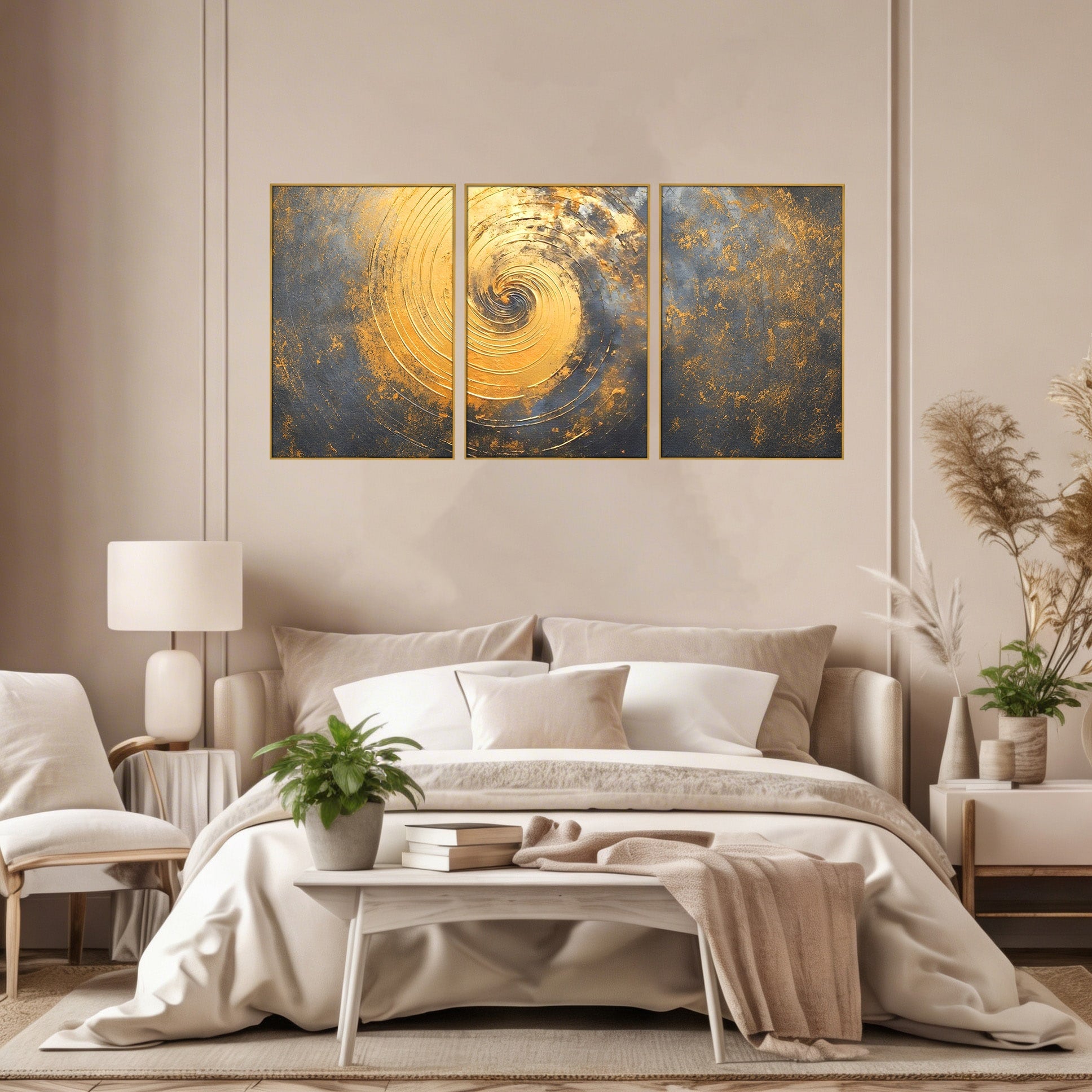 Set 3 Tablouri Canvas Premium LuxCanva® C3-1296, Timp in rotatie, Abstract, Aur, Negru, Spirala, Centru, Univers, Memorie, Rotire, Haos, Decoratiune, Cosmologic, Mister, Uragan, Birou, Living, Dormitor
