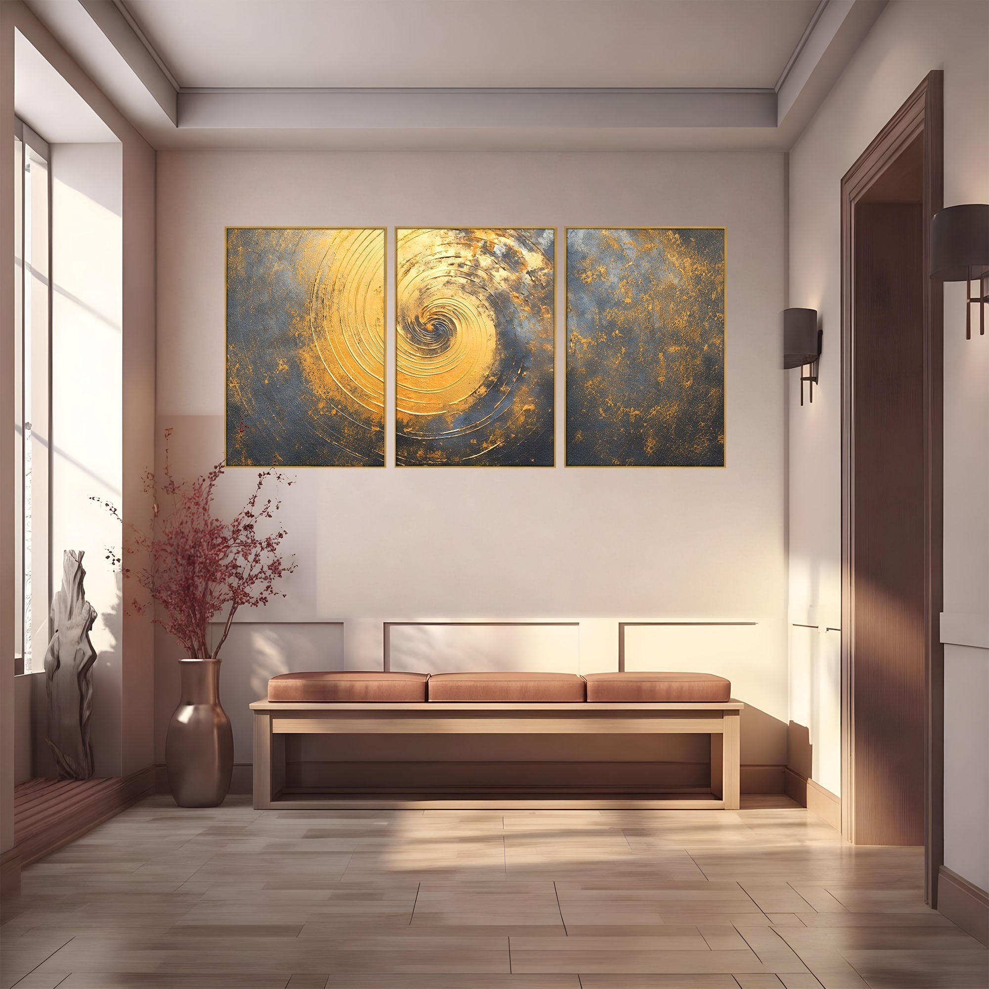 Set 3 Tablouri Canvas Premium LuxCanva® C3-1296, Timp in rotatie, Abstract, Aur, Negru, Spirala, Centru, Univers, Memorie, Rotire, Haos, Decoratiune, Cosmologic, Mister, Uragan, Birou, Living, Dormitor