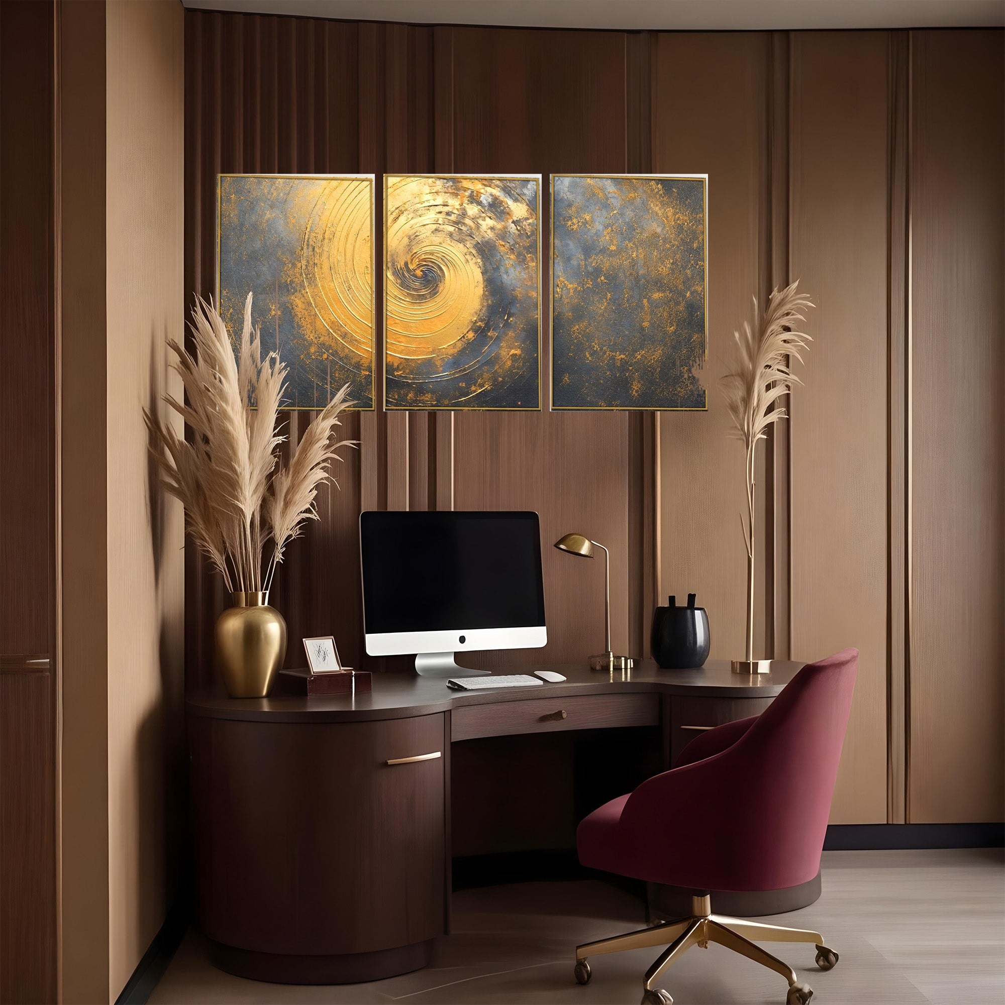 Set 3 Tablouri Canvas Premium LuxCanva® C3-1296, Timp in rotatie, Abstract, Aur, Negru, Spirala, Centru, Univers, Memorie, Rotire, Haos, Decoratiune, Cosmologic, Mister, Uragan, Birou, Living, Dormitor