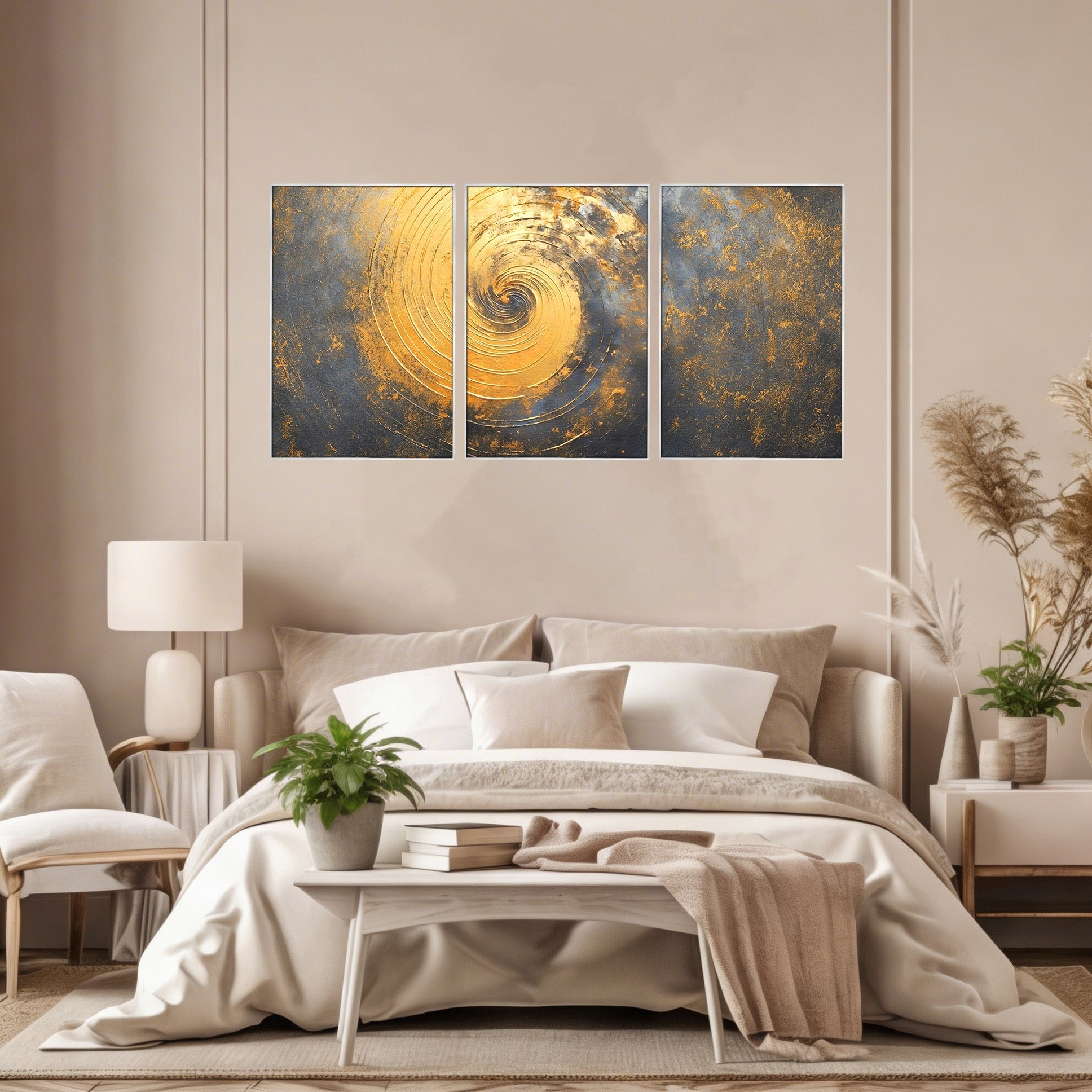 Set 3 Tablouri Canvas Premium LuxCanva® C3-1296, Timp in rotatie, Abstract, Aur, Negru, Spirala, Centru, Univers, Memorie, Rotire, Haos, Decoratiune, Cosmologic, Mister, Uragan, Birou, Living, Dormitor