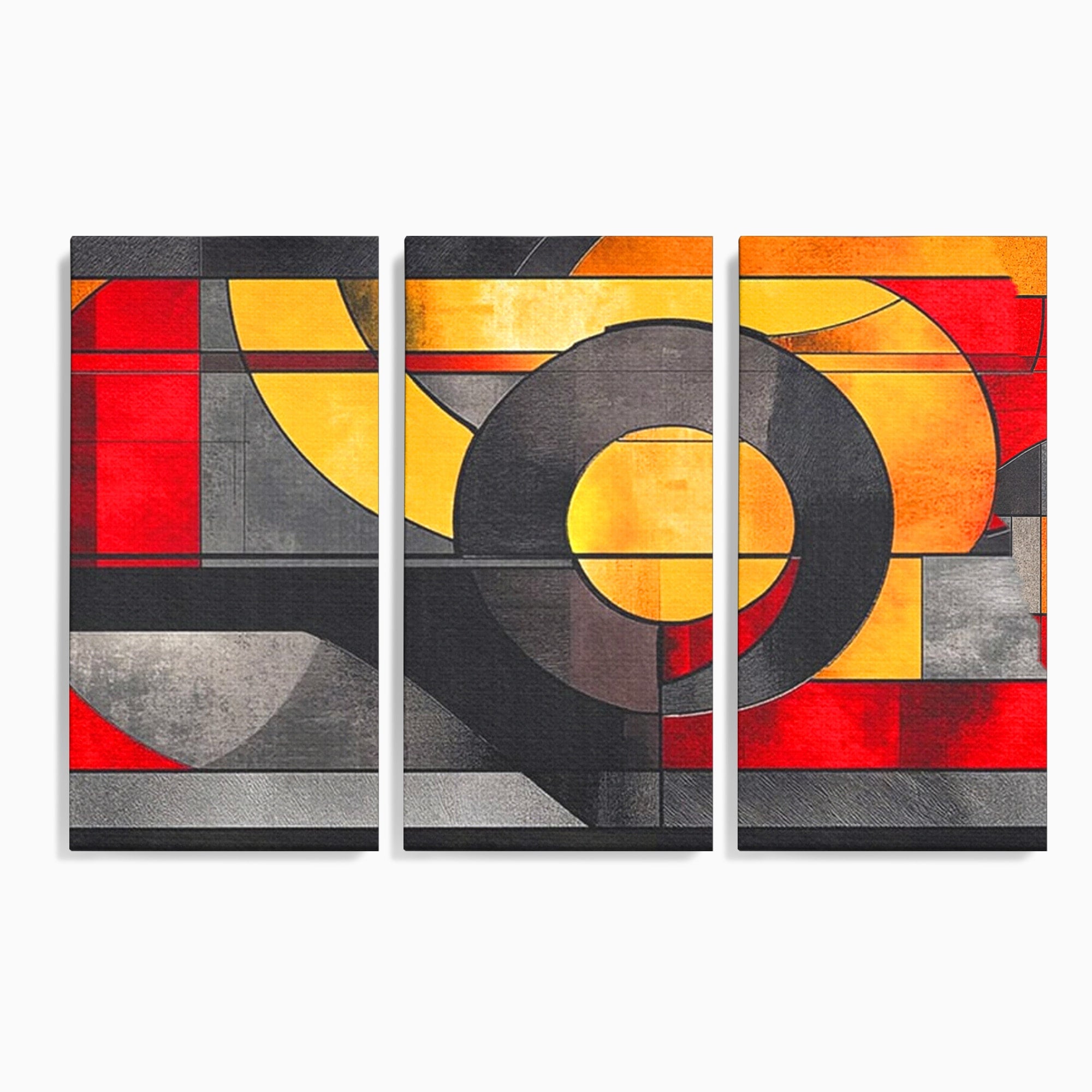 Set 3 Tablouri Canvas Premium LuxCanva® C3-1302, Cercul care taie linistea, Geometrie, Culori, Abstract, Echilibru, Rosu, Foc, Cerc, Ars, Linii, Arhitectura, Simbol, Design, Arta, Birou, Living, Dormitor