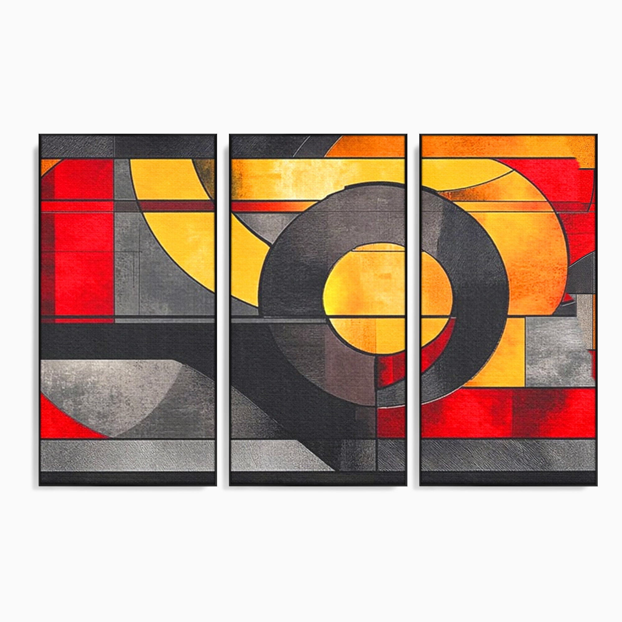 Set 3 Tablouri Canvas Premium LuxCanva® C3-1302, Cercul care taie linistea, Geometrie, Culori, Abstract, Echilibru, Rosu, Foc, Cerc, Ars, Linii, Arhitectura, Simbol, Design, Arta, Birou, Living, Dormitor