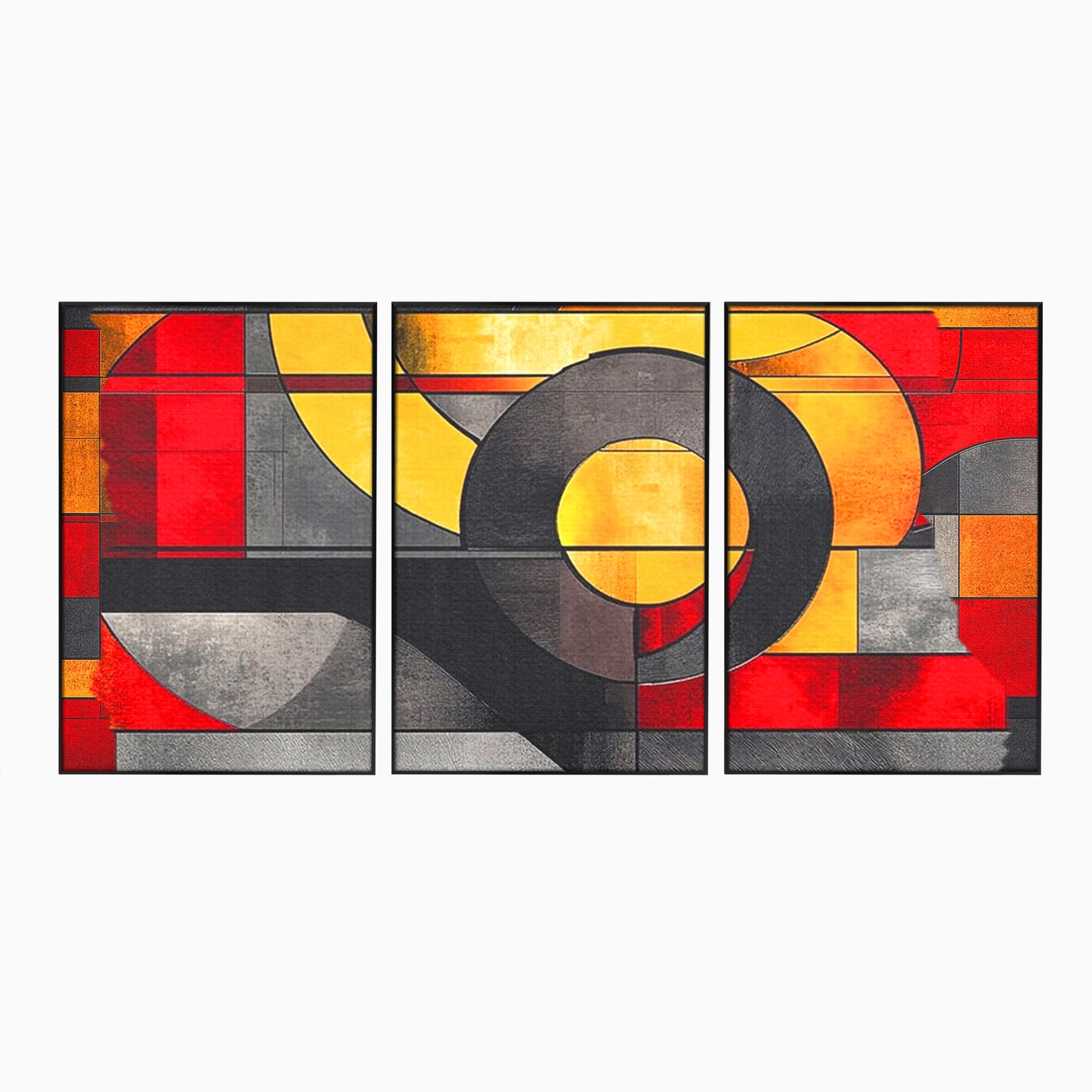 Set 3 Tablouri Canvas Premium LuxCanva® C3-1302, Cercul care taie linistea, Geometrie, Culori, Abstract, Echilibru, Rosu, Foc, Cerc, Ars, Linii, Arhitectura, Simbol, Design, Arta, Birou, Living, Dormitor