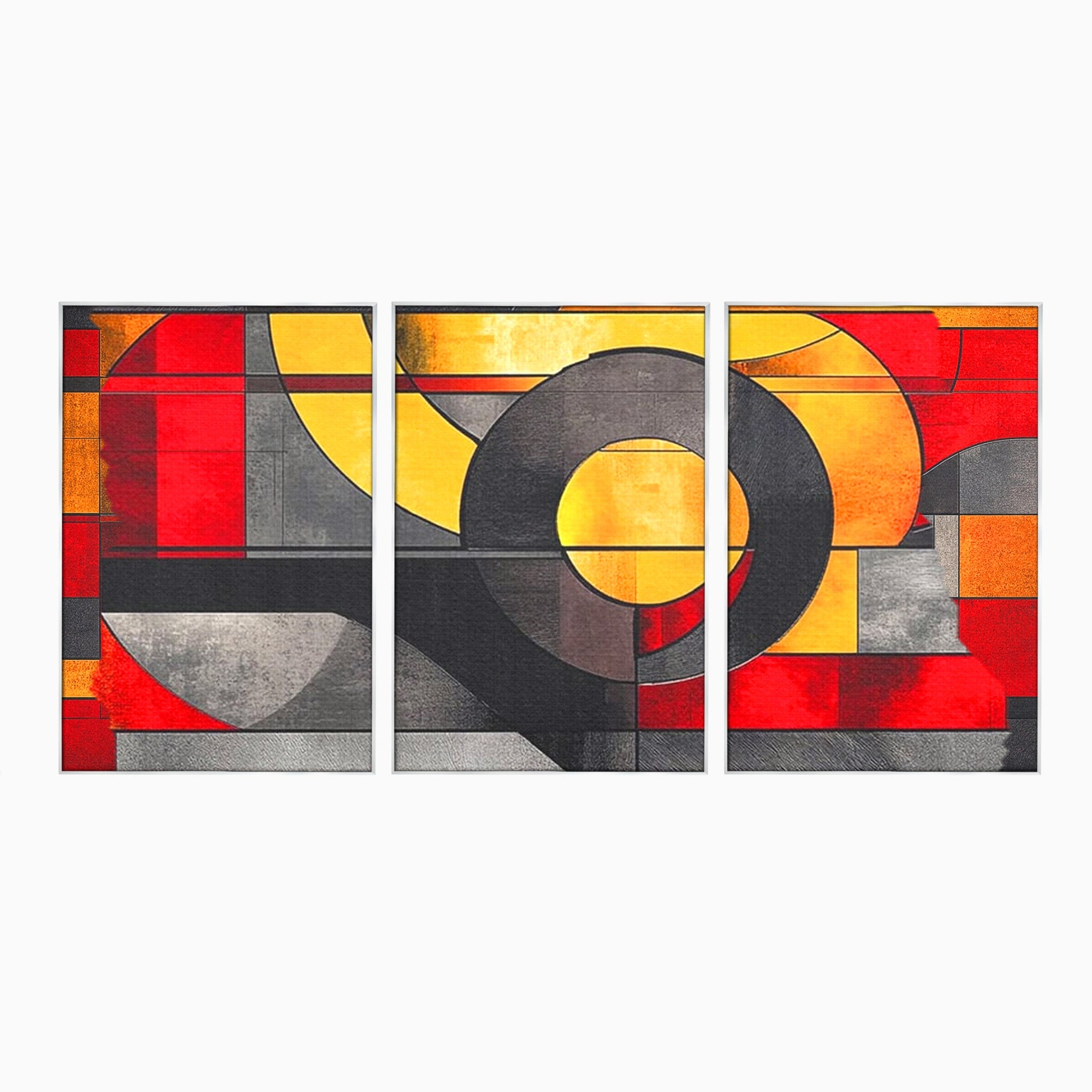 Set 3 Tablouri Canvas Premium LuxCanva® C3-1302, Cercul care taie linistea, Geometrie, Culori, Abstract, Echilibru, Rosu, Foc, Cerc, Ars, Linii, Arhitectura, Simbol, Design, Arta, Birou, Living, Dormitor
