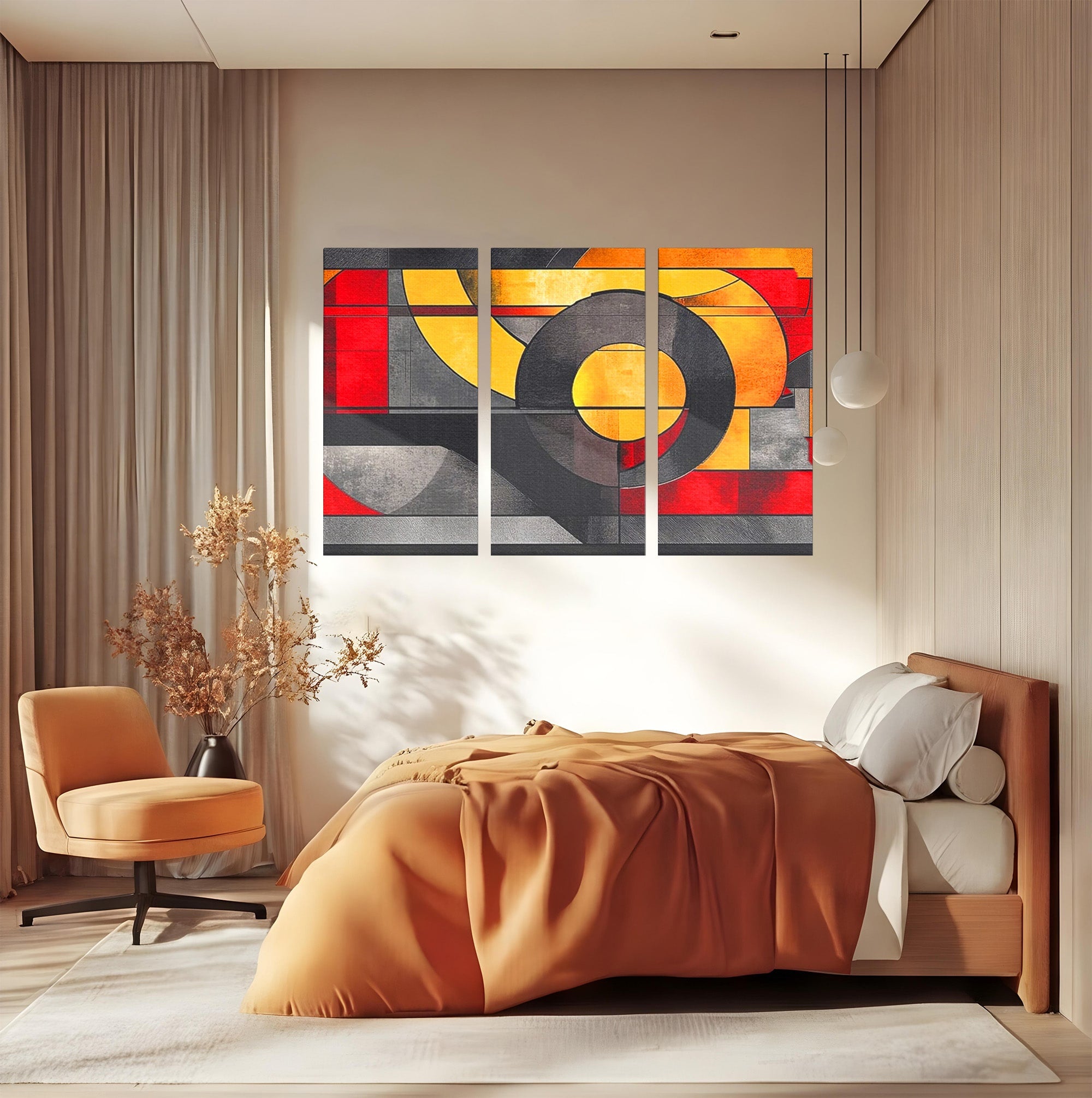 Set 3 Tablouri Canvas Premium LuxCanva® C3-1302, Cercul care taie linistea, Geometrie, Culori, Abstract, Echilibru, Rosu, Foc, Cerc, Ars, Linii, Arhitectura, Simbol, Design, Arta, Birou, Living, Dormitor