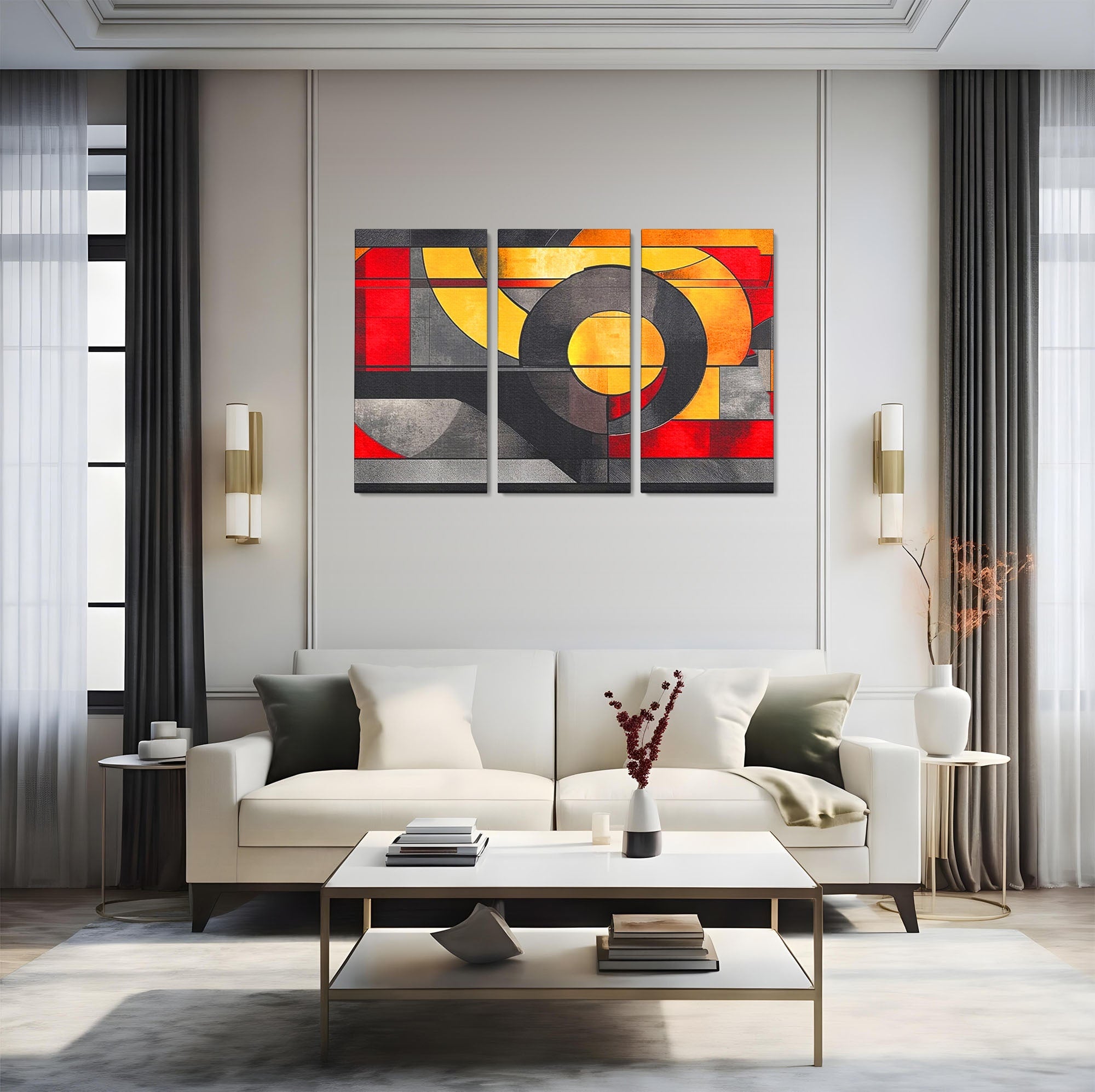 Set 3 Tablouri Canvas Premium LuxCanva® C3-1302, Cercul care taie linistea, Geometrie, Culori, Abstract, Echilibru, Rosu, Foc, Cerc, Ars, Linii, Arhitectura, Simbol, Design, Arta, Birou, Living, Dormitor