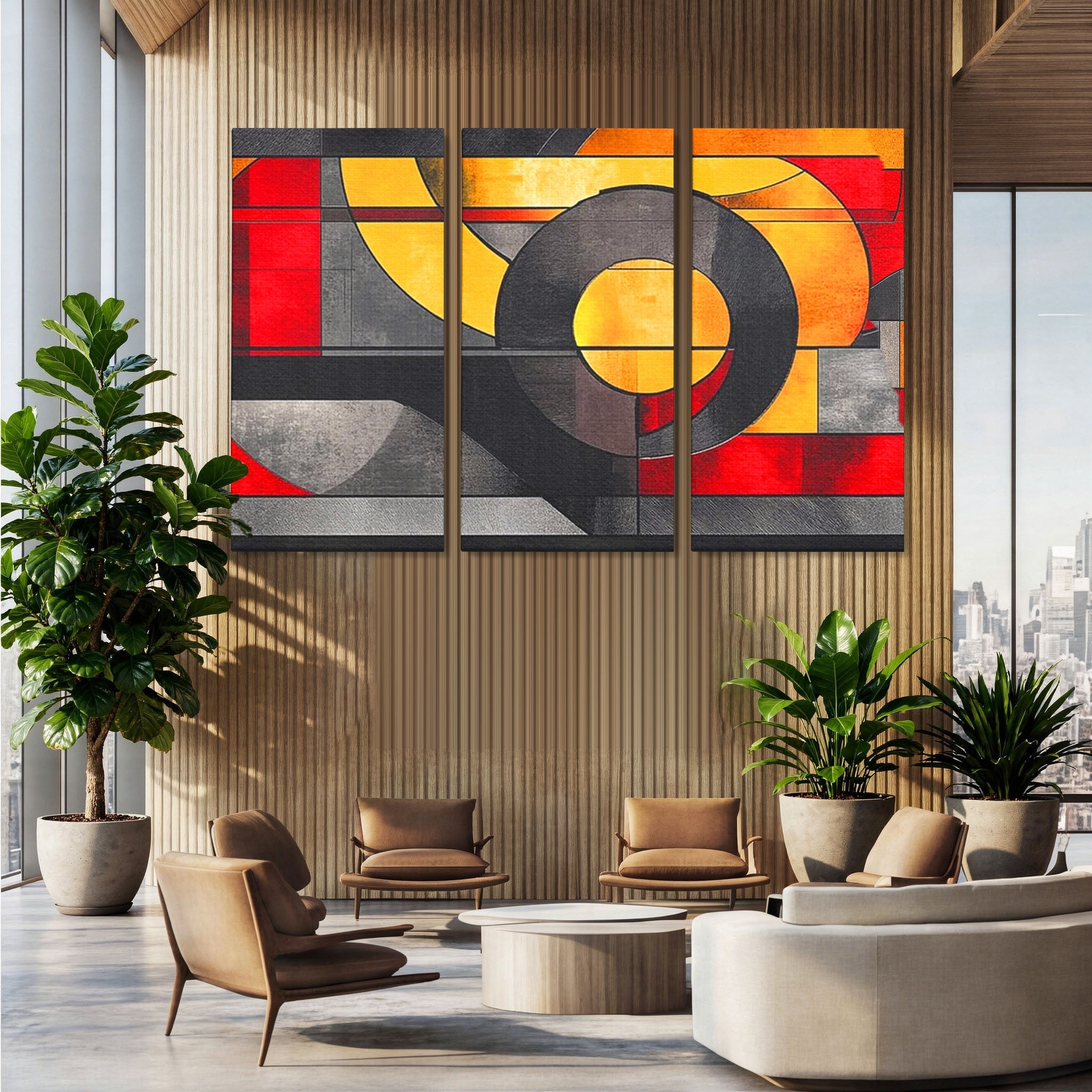 Set 3 Tablouri Canvas Premium LuxCanva® C3-1302, Cercul care taie linistea, Geometrie, Culori, Abstract, Echilibru, Rosu, Foc, Cerc, Ars, Linii, Arhitectura, Simbol, Design, Arta, Birou, Living, Dormitor