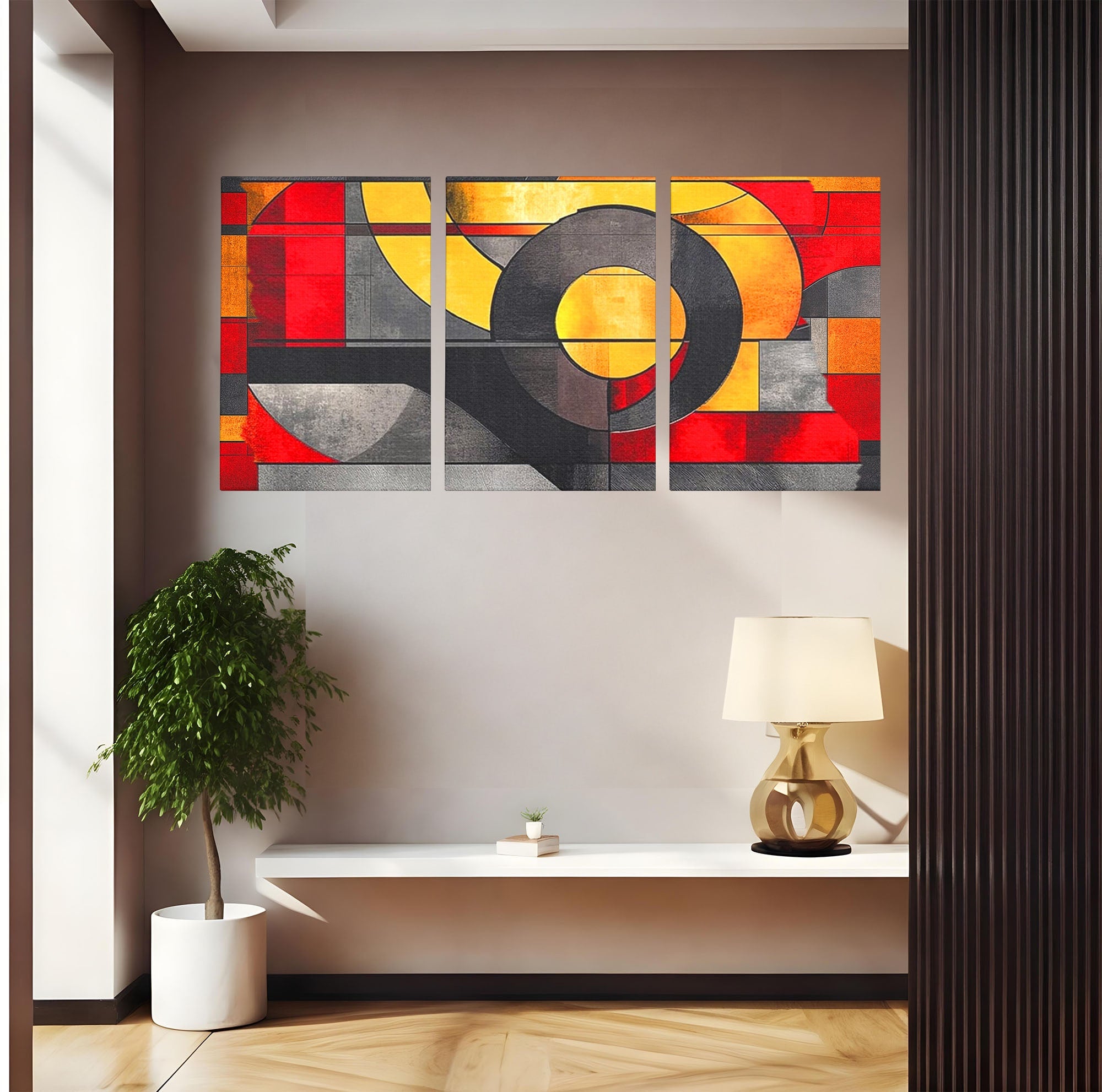 Set 3 Tablouri Canvas Premium LuxCanva® C3-1302, Cercul care taie linistea, Geometrie, Culori, Abstract, Echilibru, Rosu, Foc, Cerc, Ars, Linii, Arhitectura, Simbol, Design, Arta, Birou, Living, Dormitor