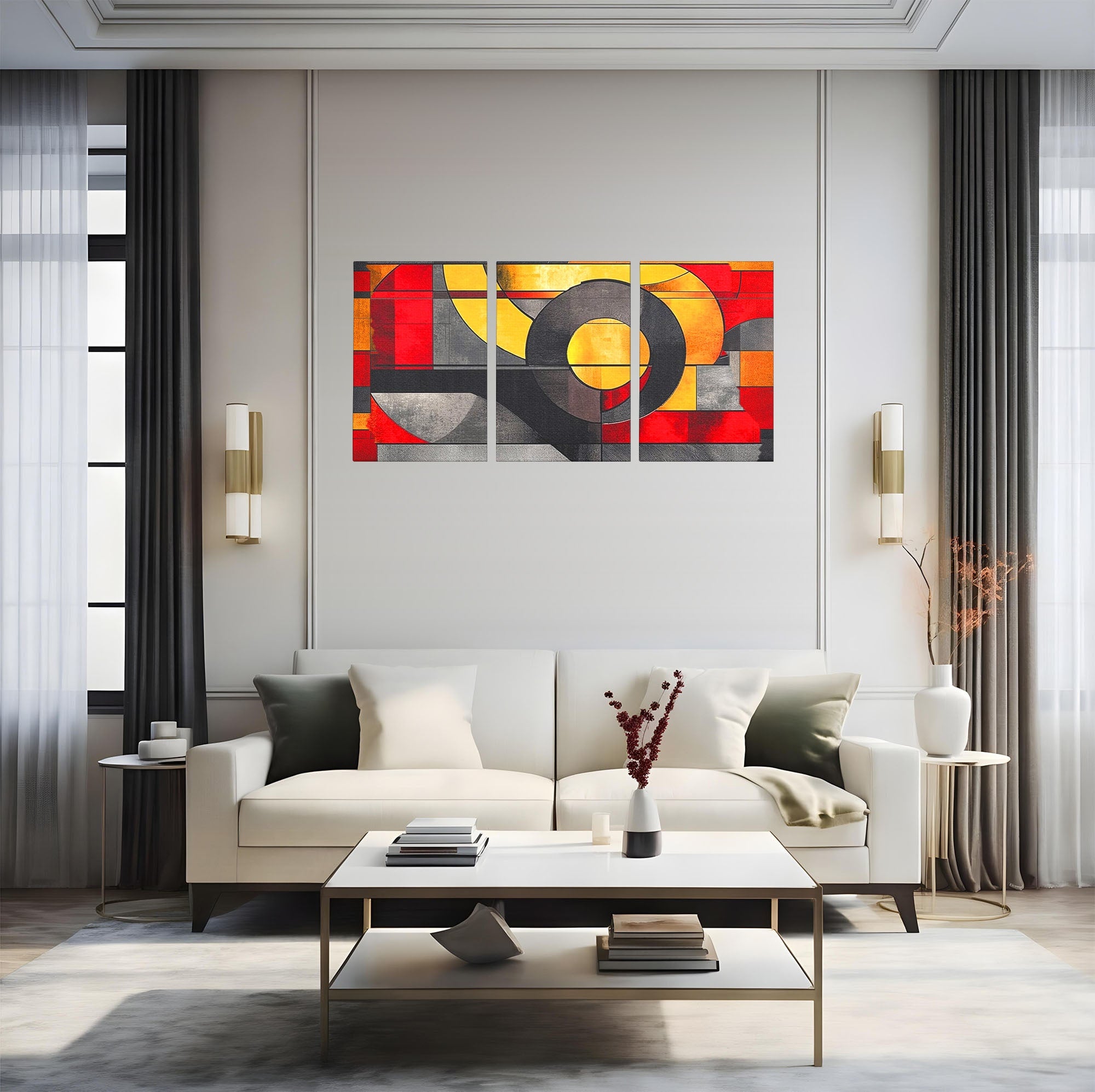 Set 3 Tablouri Canvas Premium LuxCanva® C3-1302, Cercul care taie linistea, Geometrie, Culori, Abstract, Echilibru, Rosu, Foc, Cerc, Ars, Linii, Arhitectura, Simbol, Design, Arta, Birou, Living, Dormitor