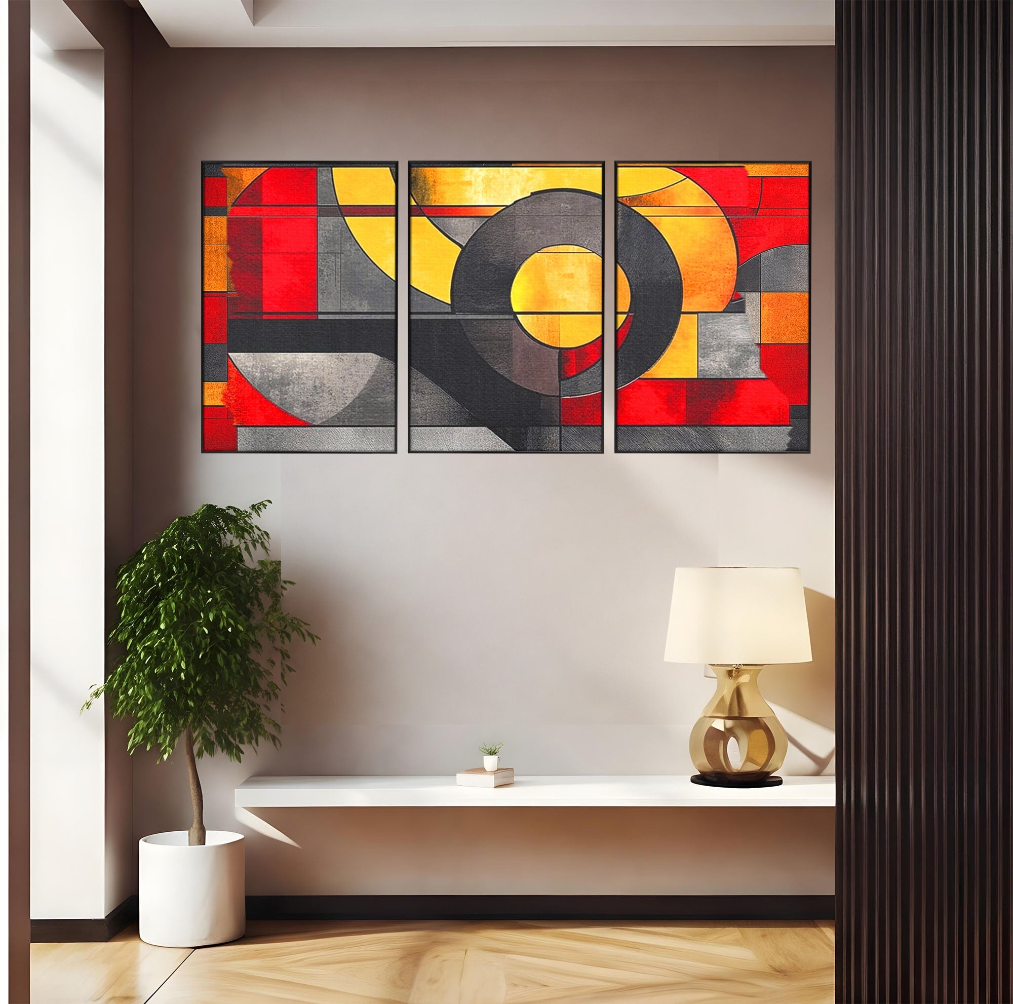 Set 3 Tablouri Canvas Premium LuxCanva® C3-1302, Cercul care taie linistea, Geometrie, Culori, Abstract, Echilibru, Rosu, Foc, Cerc, Ars, Linii, Arhitectura, Simbol, Design, Arta, Birou, Living, Dormitor