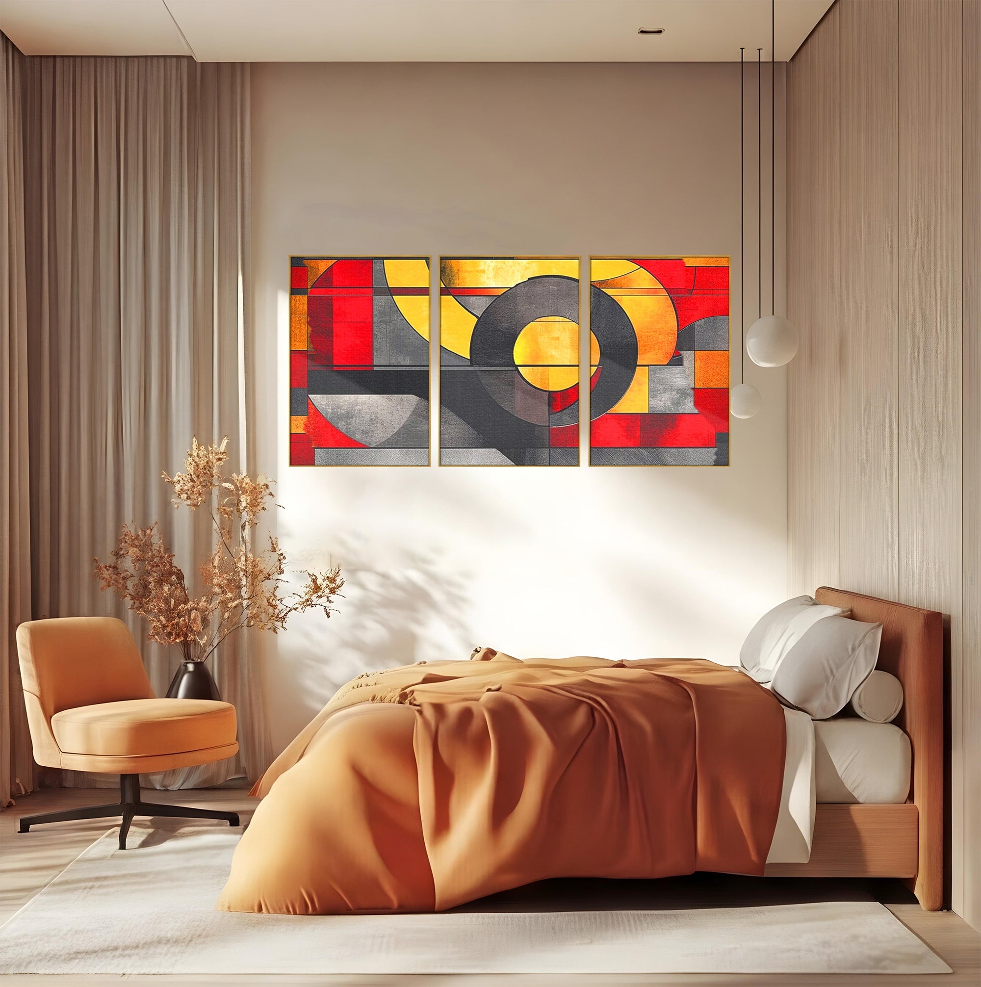 Set 3 Tablouri Canvas Premium LuxCanva® C3-1302, Cercul care taie linistea, Geometrie, Culori, Abstract, Echilibru, Rosu, Foc, Cerc, Ars, Linii, Arhitectura, Simbol, Design, Arta, Birou, Living, Dormitor