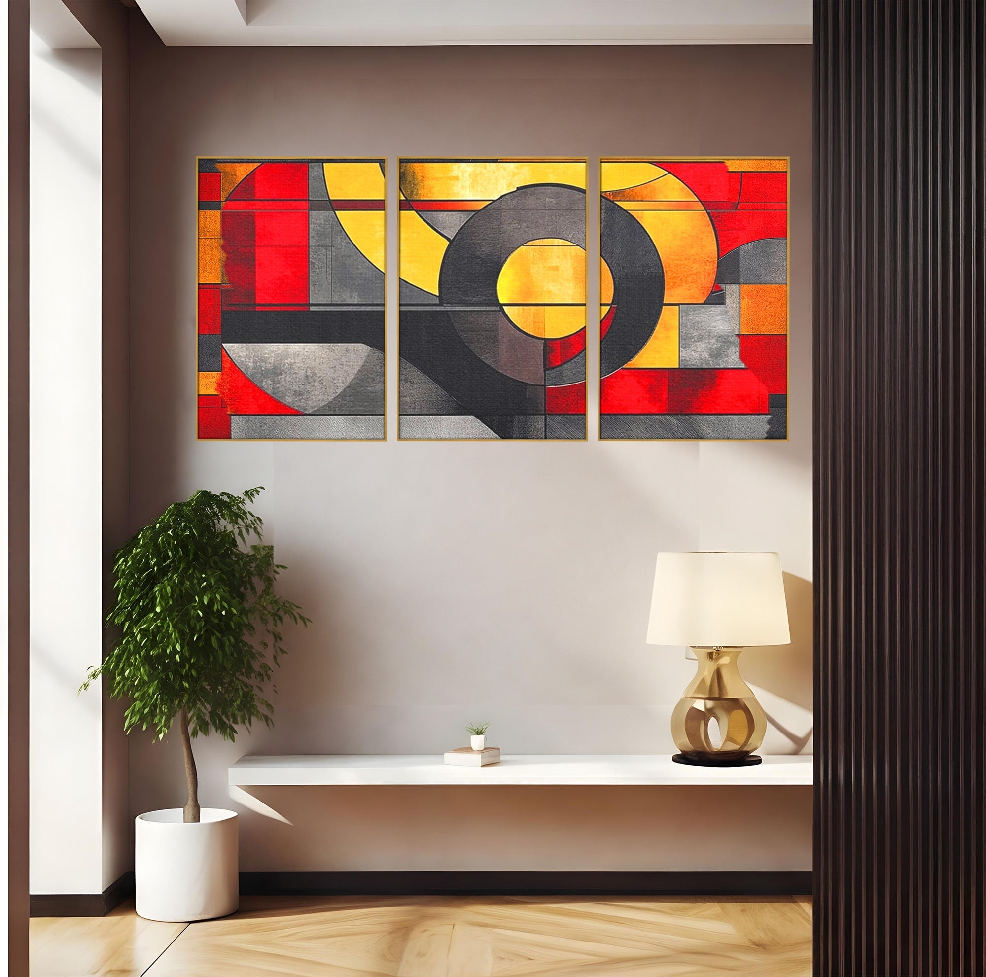 Set 3 Tablouri Canvas Premium LuxCanva® C3-1302, Cercul care taie linistea, Geometrie, Culori, Abstract, Echilibru, Rosu, Foc, Cerc, Ars, Linii, Arhitectura, Simbol, Design, Arta, Birou, Living, Dormitor