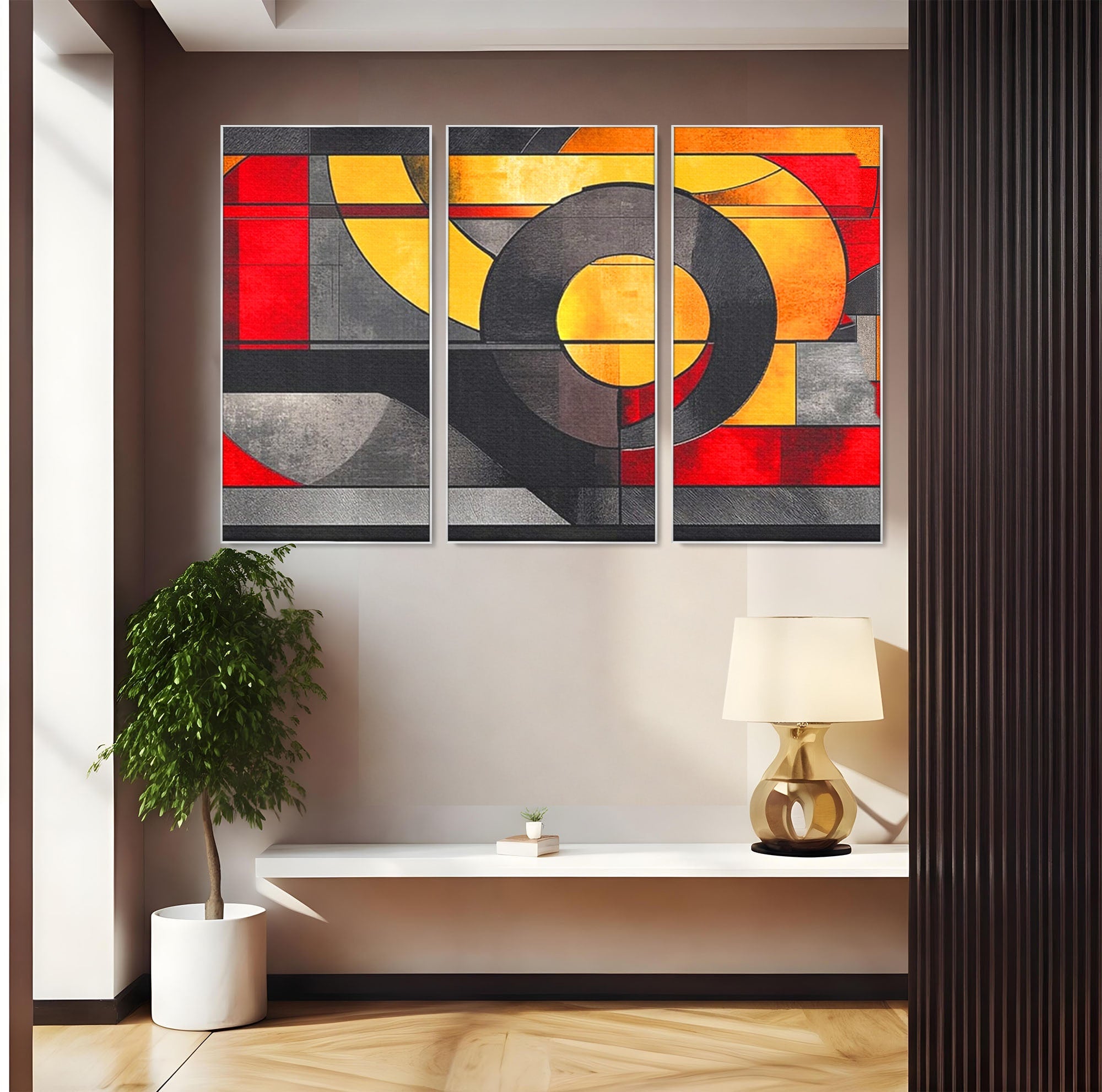 Set 3 Tablouri Canvas Premium LuxCanva® C3-1302, Cercul care taie linistea, Geometrie, Culori, Abstract, Echilibru, Rosu, Foc, Cerc, Ars, Linii, Arhitectura, Simbol, Design, Arta, Birou, Living, Dormitor