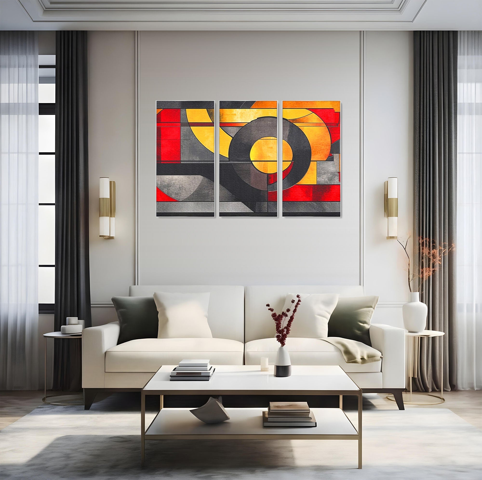 Set 3 Tablouri Canvas Premium LuxCanva® C3-1302, Cercul care taie linistea, Geometrie, Culori, Abstract, Echilibru, Rosu, Foc, Cerc, Ars, Linii, Arhitectura, Simbol, Design, Arta, Birou, Living, Dormitor