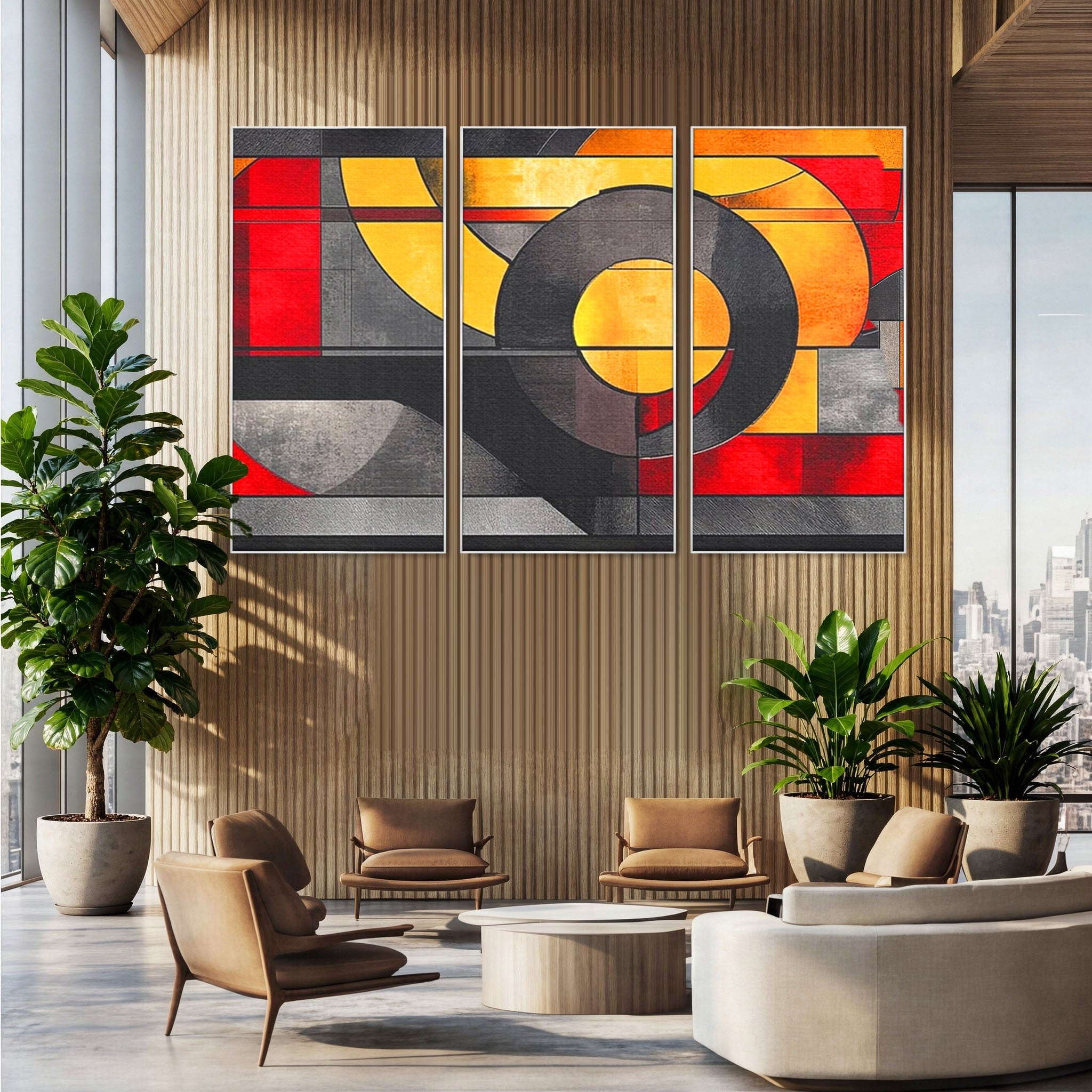 Set 3 Tablouri Canvas Premium LuxCanva® C3-1302, Cercul care taie linistea, Geometrie, Culori, Abstract, Echilibru, Rosu, Foc, Cerc, Ars, Linii, Arhitectura, Simbol, Design, Arta, Birou, Living, Dormitor
