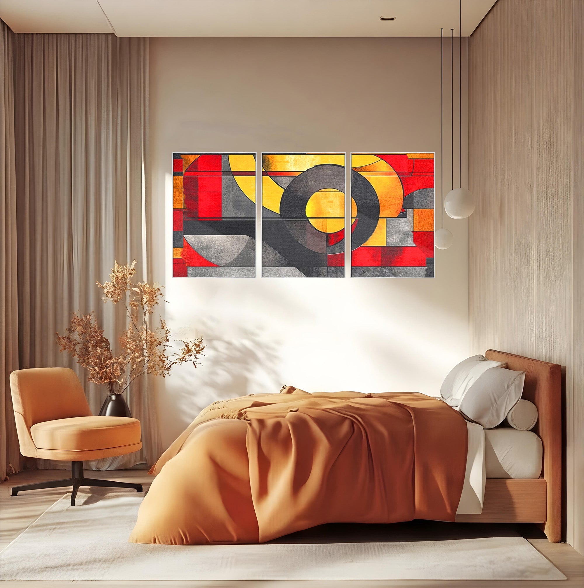Set 3 Tablouri Canvas Premium LuxCanva® C3-1302, Cercul care taie linistea, Geometrie, Culori, Abstract, Echilibru, Rosu, Foc, Cerc, Ars, Linii, Arhitectura, Simbol, Design, Arta, Birou, Living, Dormitor