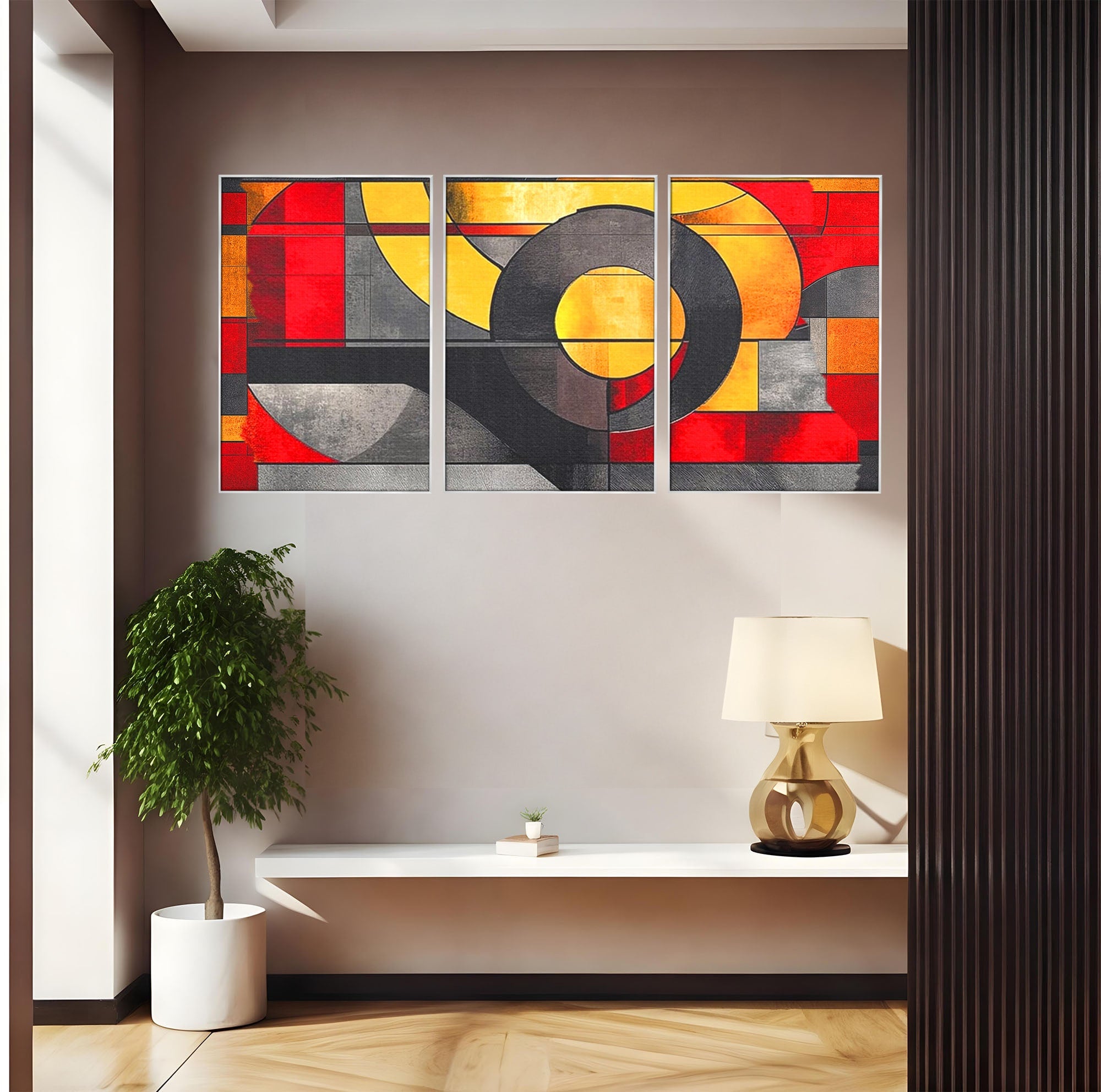 Set 3 Tablouri Canvas Premium LuxCanva® C3-1302, Cercul care taie linistea, Geometrie, Culori, Abstract, Echilibru, Rosu, Foc, Cerc, Ars, Linii, Arhitectura, Simbol, Design, Arta, Birou, Living, Dormitor