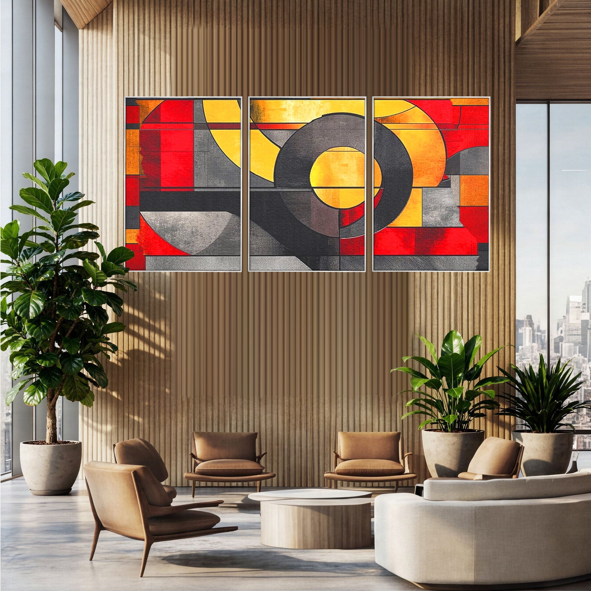Set 3 Tablouri Canvas Premium LuxCanva® C3-1302, Cercul care taie linistea, Geometrie, Culori, Abstract, Echilibru, Rosu, Foc, Cerc, Ars, Linii, Arhitectura, Simbol, Design, Arta, Birou, Living, Dormitor