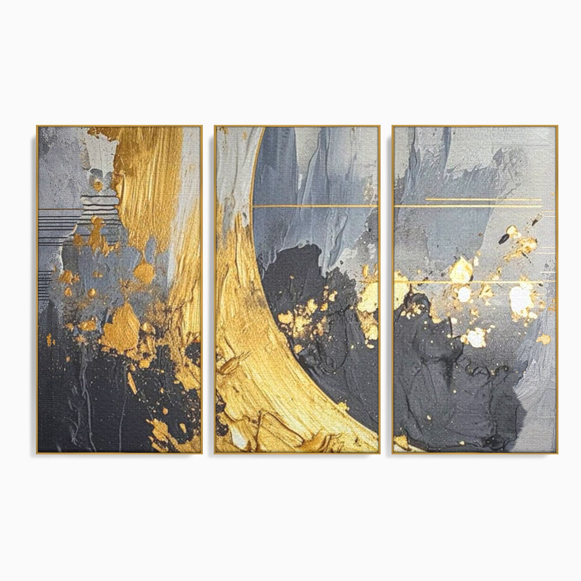 Set 3 Tablouri Canvas Premium LuxCanva® C3-1305, Tacere turnata in aur, Geometrie, Culori, Abstract, Auriu, Valuri, Minimalism, Design, Curgere, Miscare, Interior, Expozitie, Arta, Birou, Living, Dormitor
