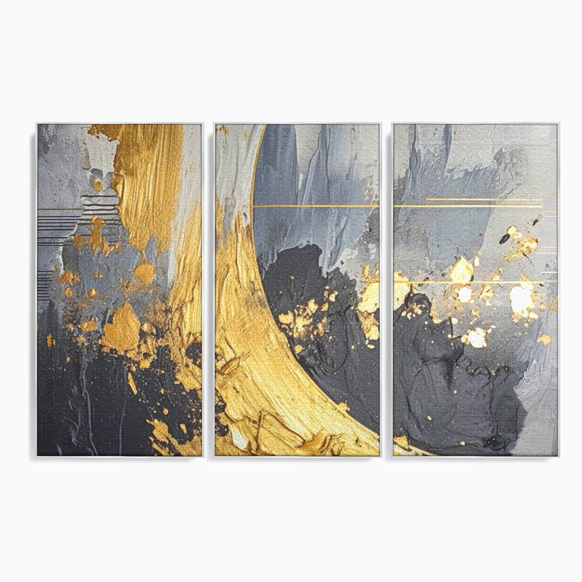 Set 3 Tablouri Canvas Premium LuxCanva® C3-1305, Tacere turnata in aur, Geometrie, Culori, Abstract, Auriu, Valuri, Minimalism, Design, Curgere, Miscare, Interior, Expozitie, Arta, Birou, Living, Dormitor