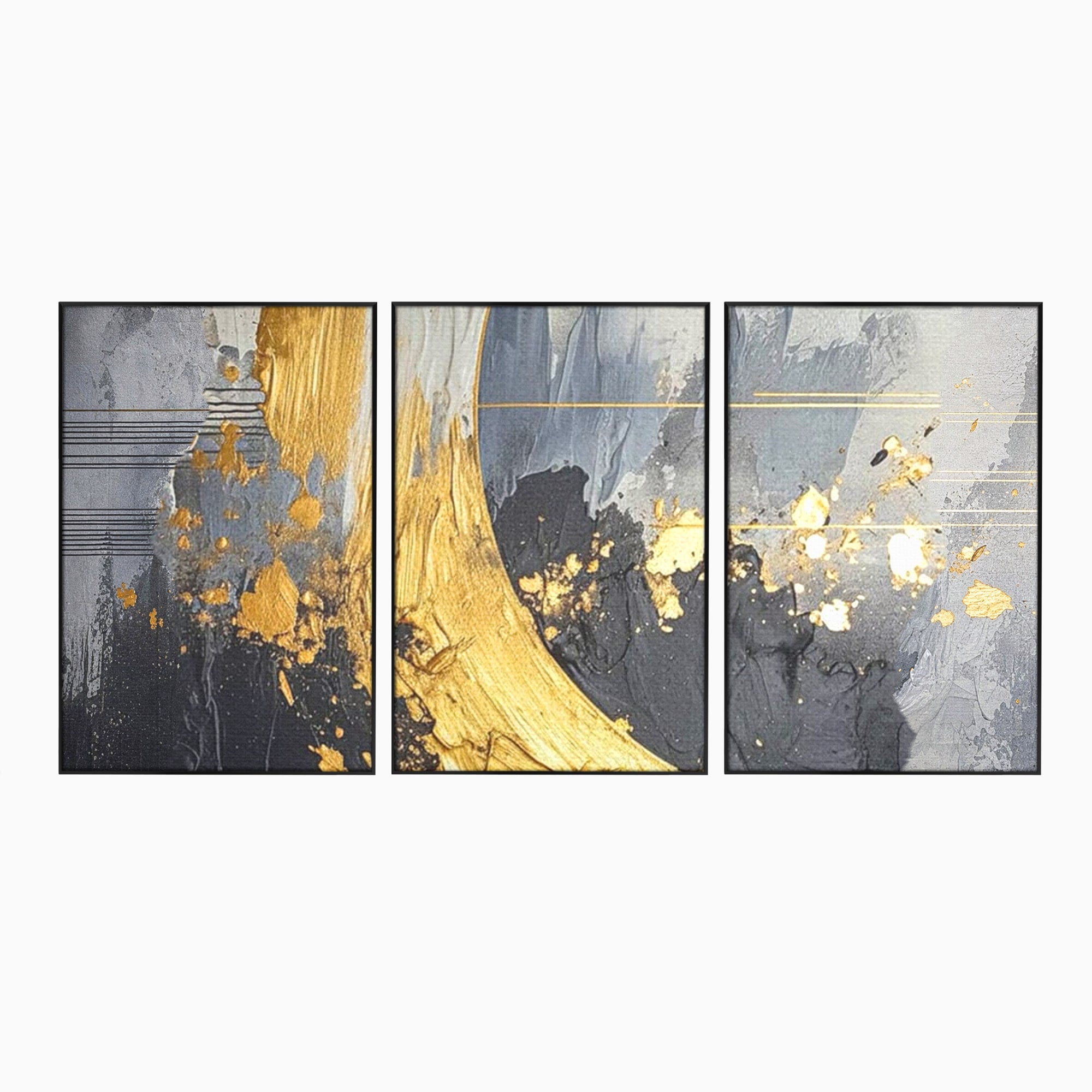 Set 3 Tablouri Canvas Premium LuxCanva® C3-1305, Tacere turnata in aur, Geometrie, Culori, Abstract, Auriu, Valuri, Minimalism, Design, Curgere, Miscare, Interior, Expozitie, Arta, Birou, Living, Dormitor