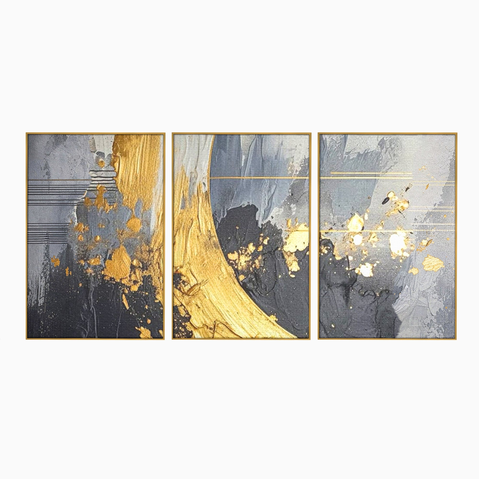 Set 3 Tablouri Canvas Premium LuxCanva® C3-1305, Tacere turnata in aur, Geometrie, Culori, Abstract, Auriu, Valuri, Minimalism, Design, Curgere, Miscare, Interior, Expozitie, Arta, Birou, Living, Dormitor