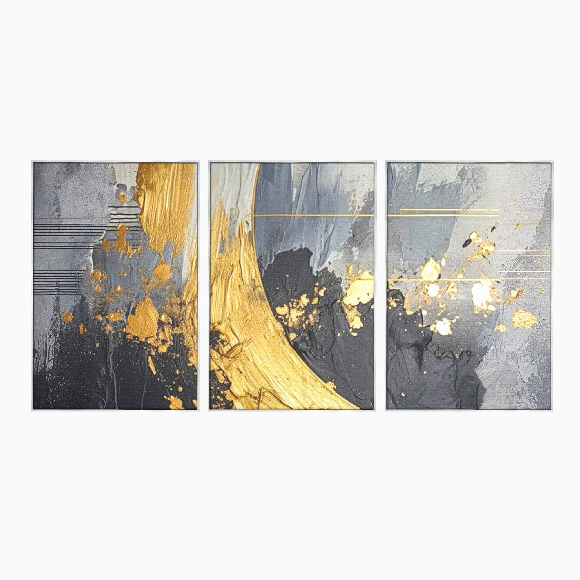 Set 3 Tablouri Canvas Premium LuxCanva® C3-1305, Tacere turnata in aur, Geometrie, Culori, Abstract, Auriu, Valuri, Minimalism, Design, Curgere, Miscare, Interior, Expozitie, Arta, Birou, Living, Dormitor