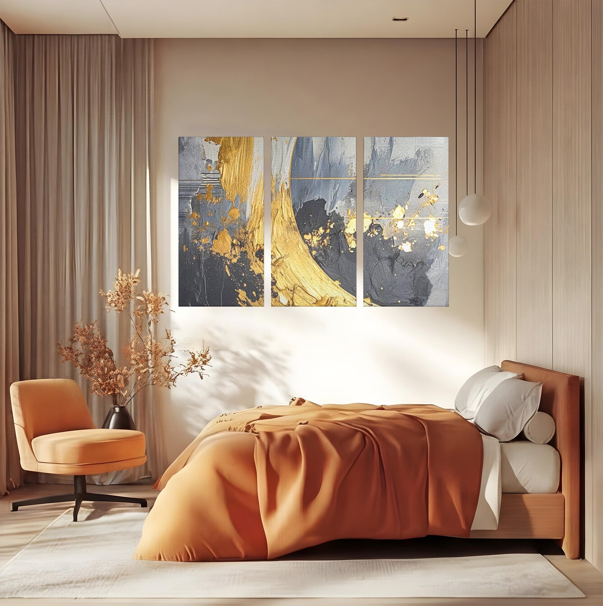 Set 3 Tablouri Canvas Premium LuxCanva® C3-1305, Tacere turnata in aur, Geometrie, Culori, Abstract, Auriu, Valuri, Minimalism, Design, Curgere, Miscare, Interior, Expozitie, Arta, Birou, Living, Dormitor