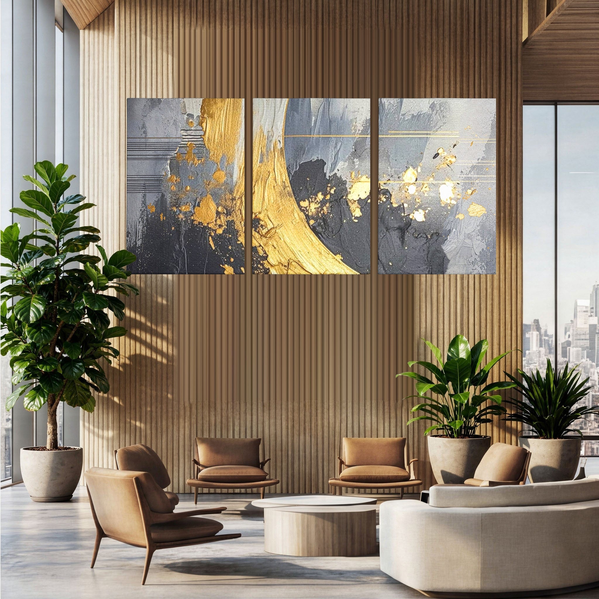 Set 3 Tablouri Canvas Premium LuxCanva® C3-1305, Tacere turnata in aur, Geometrie, Culori, Abstract, Auriu, Valuri, Minimalism, Design, Curgere, Miscare, Interior, Expozitie, Arta, Birou, Living, Dormitor