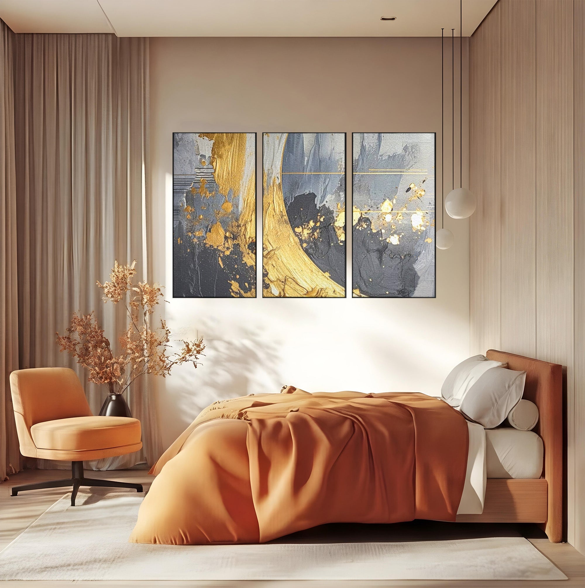 Set 3 Tablouri Canvas Premium LuxCanva® C3-1305, Tacere turnata in aur, Geometrie, Culori, Abstract, Auriu, Valuri, Minimalism, Design, Curgere, Miscare, Interior, Expozitie, Arta, Birou, Living, Dormitor
