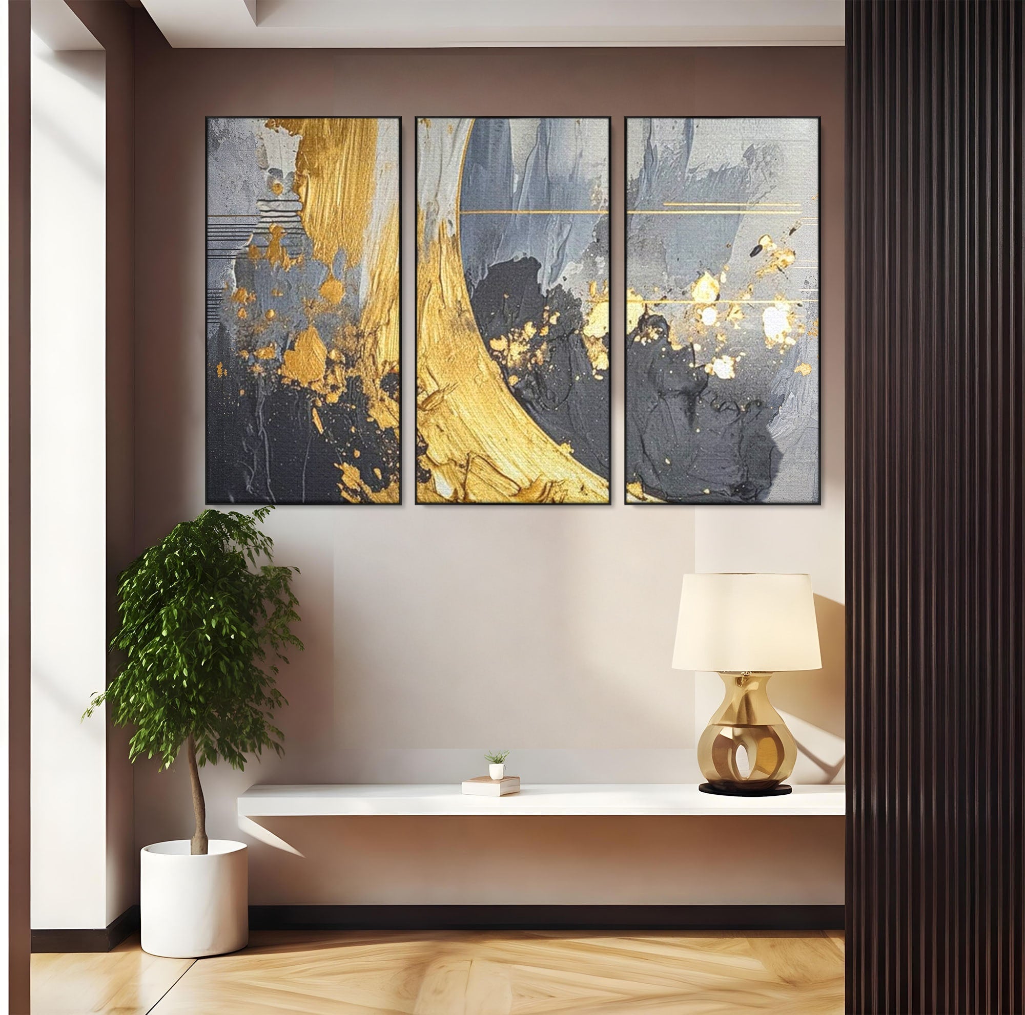 Set 3 Tablouri Canvas Premium LuxCanva® C3-1305, Tacere turnata in aur, Geometrie, Culori, Abstract, Auriu, Valuri, Minimalism, Design, Curgere, Miscare, Interior, Expozitie, Arta, Birou, Living, Dormitor