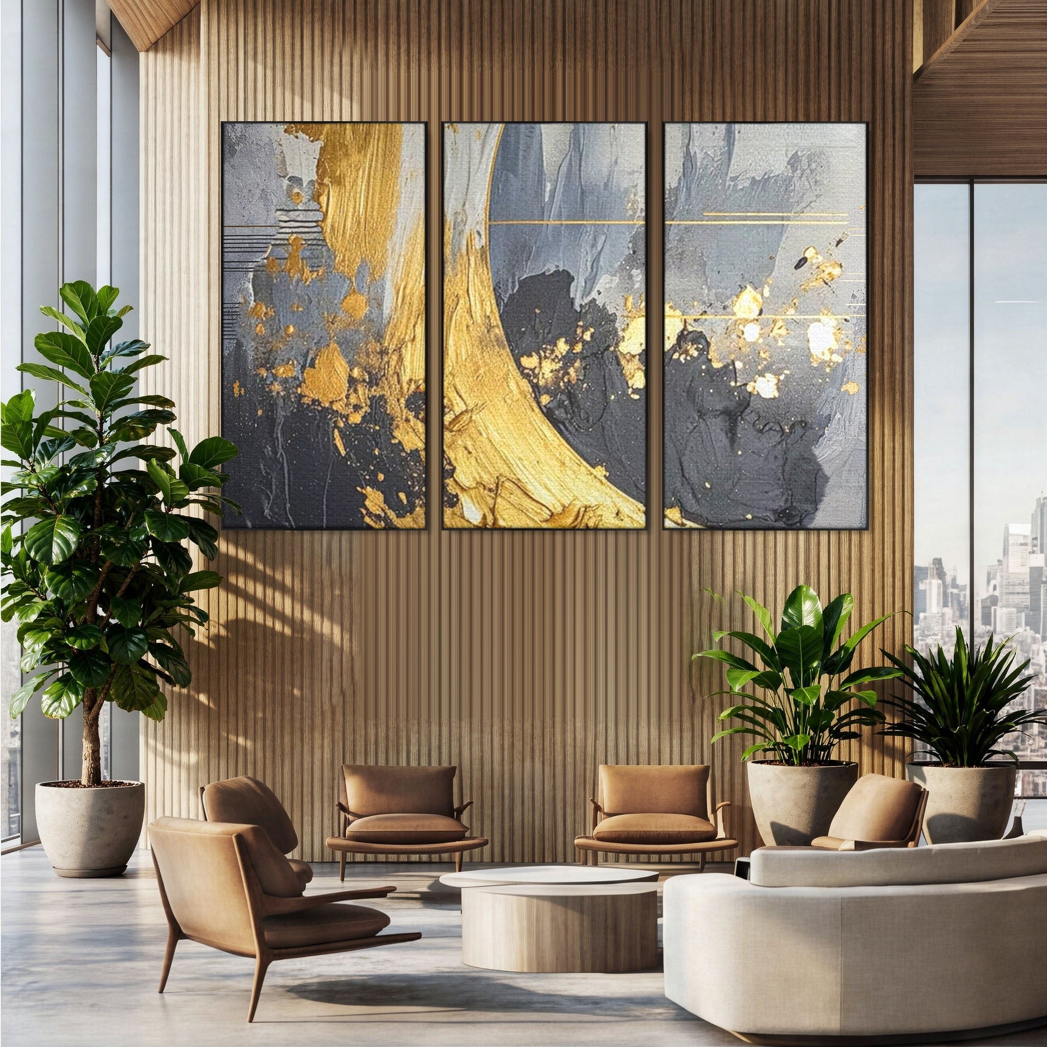 Set 3 Tablouri Canvas Premium LuxCanva® C3-1305, Tacere turnata in aur, Geometrie, Culori, Abstract, Auriu, Valuri, Minimalism, Design, Curgere, Miscare, Interior, Expozitie, Arta, Birou, Living, Dormitor