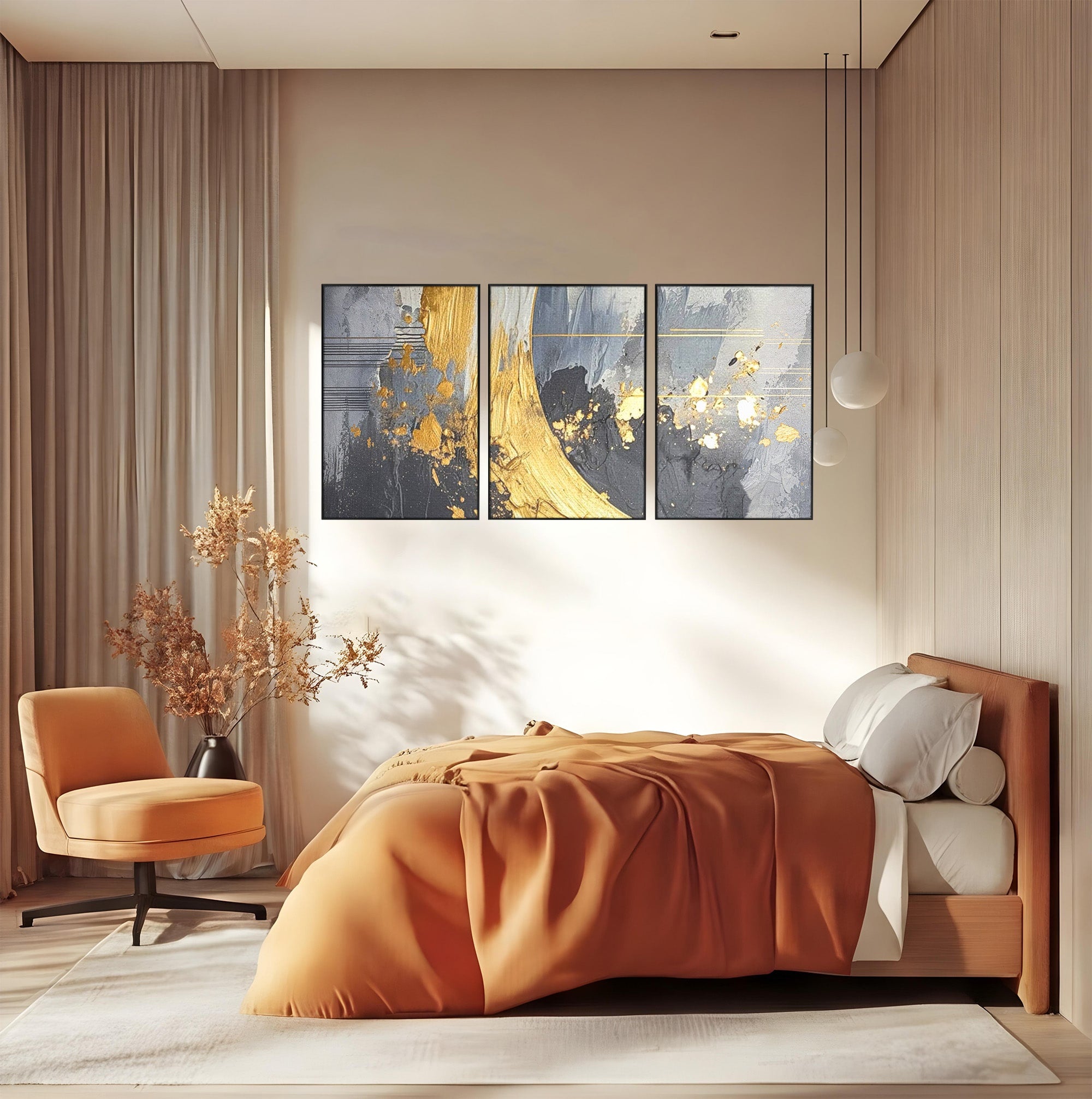 Set 3 Tablouri Canvas Premium LuxCanva® C3-1305, Tacere turnata in aur, Geometrie, Culori, Abstract, Auriu, Valuri, Minimalism, Design, Curgere, Miscare, Interior, Expozitie, Arta, Birou, Living, Dormitor